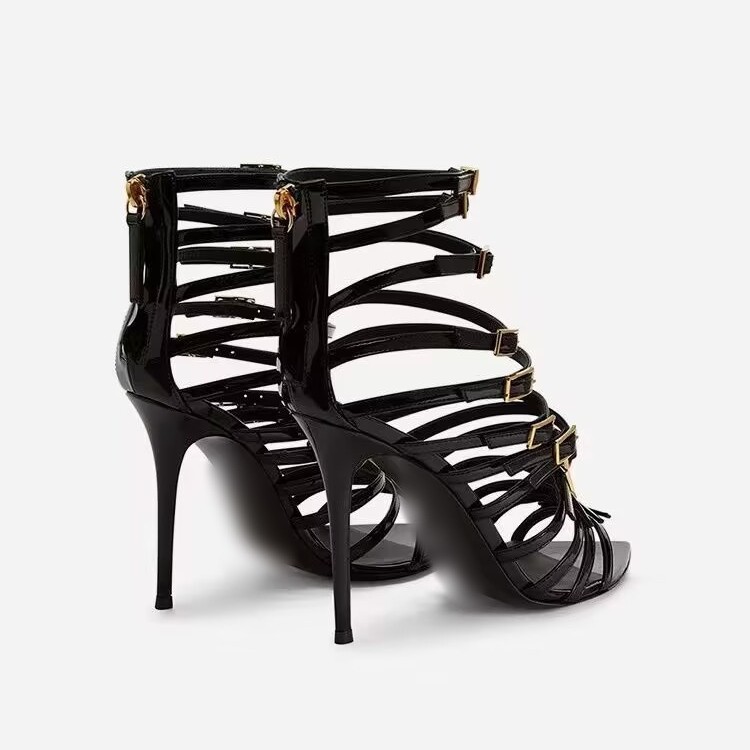 Chengdu Artisan Open-Toe Stiletto Sandals - Crystal Buckle Evening Shoes (Black) Luxury Dress Heels with Glass Heel