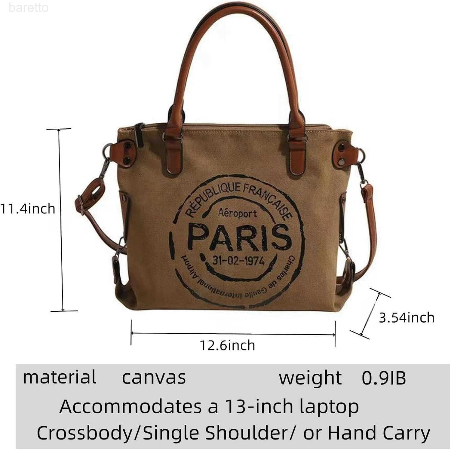Women Vintage Paris Lightweight Canvas Tote Crossbody Bag with Zipper for Work M250904