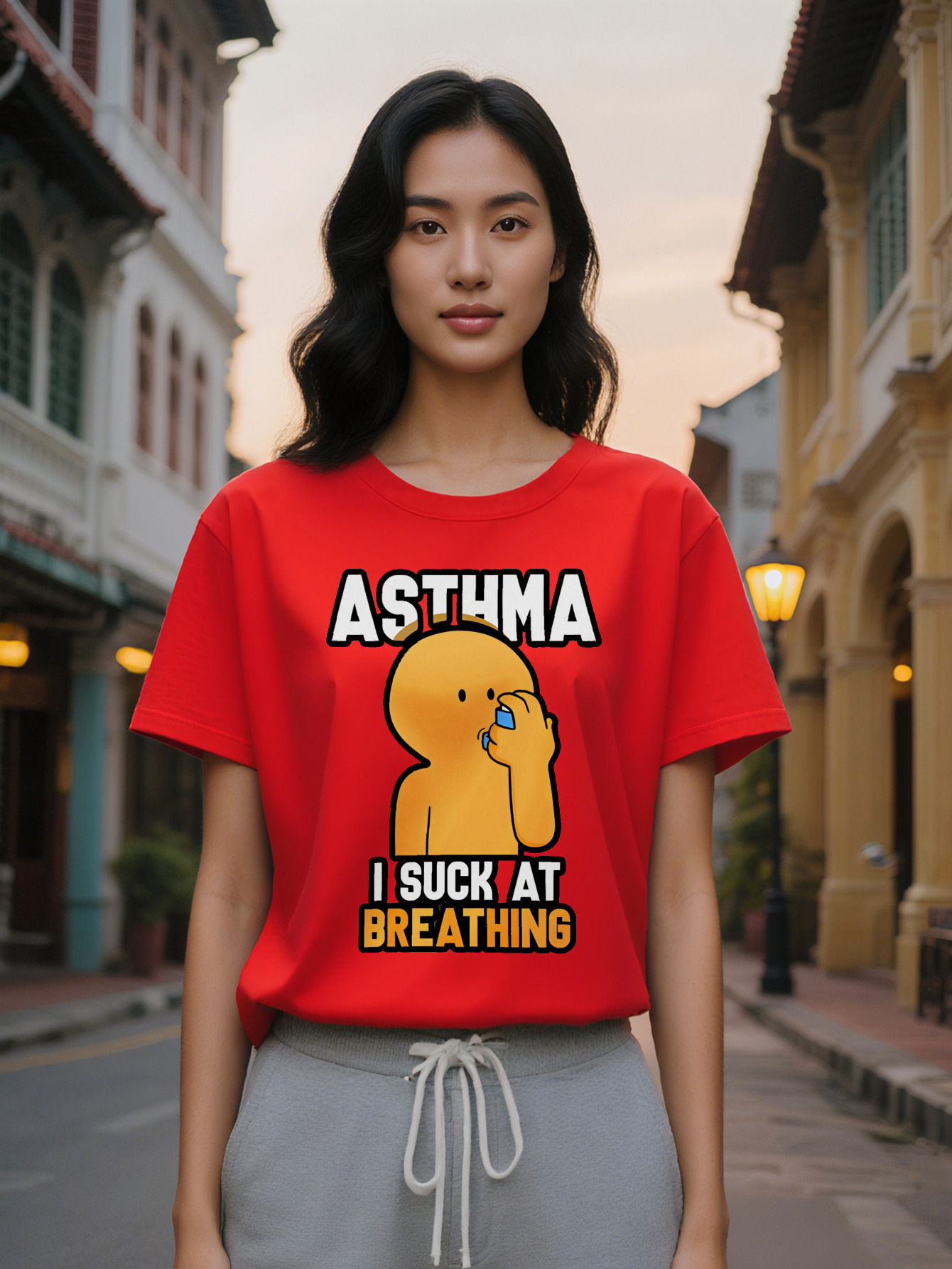 Lady Humorous Asthma Graphic T-Shirt Black Casual Round Neck Tee with Cartoon Character I SUCK AT BREATHING Print