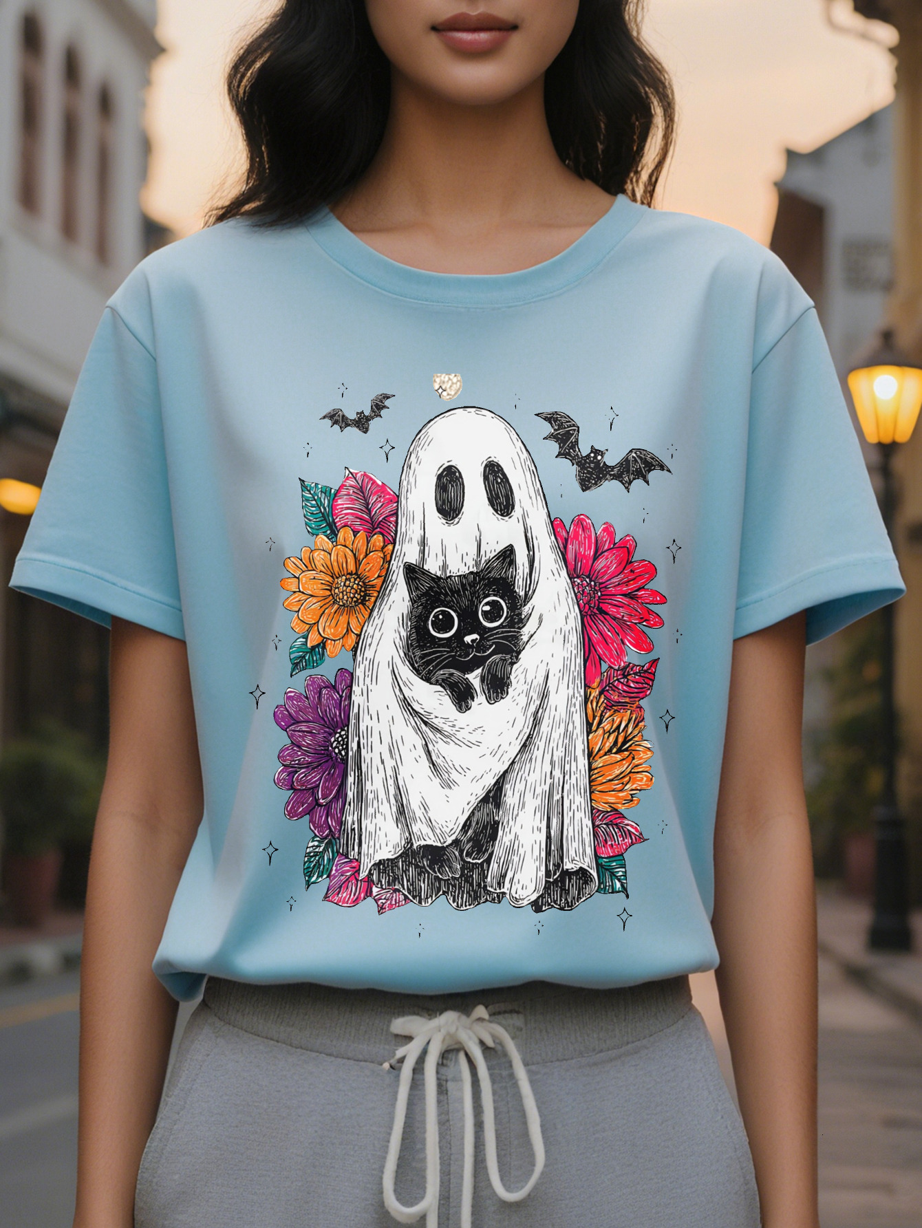 Large XL Women's Halloween Cute Black Cat Print T-Shirt Semi Sheer Round Neck Top with Bats Floral Design Spring Summer Plus Size