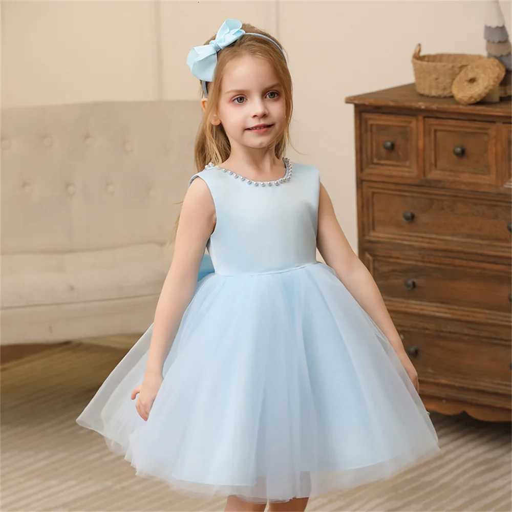 Toddler Girl Flower Birthday Tulle Pearl Dress Backless Bow Wedding Gown Baby Girl Bowknot Dresses Kid Party Wear Princess Dress Z250904
