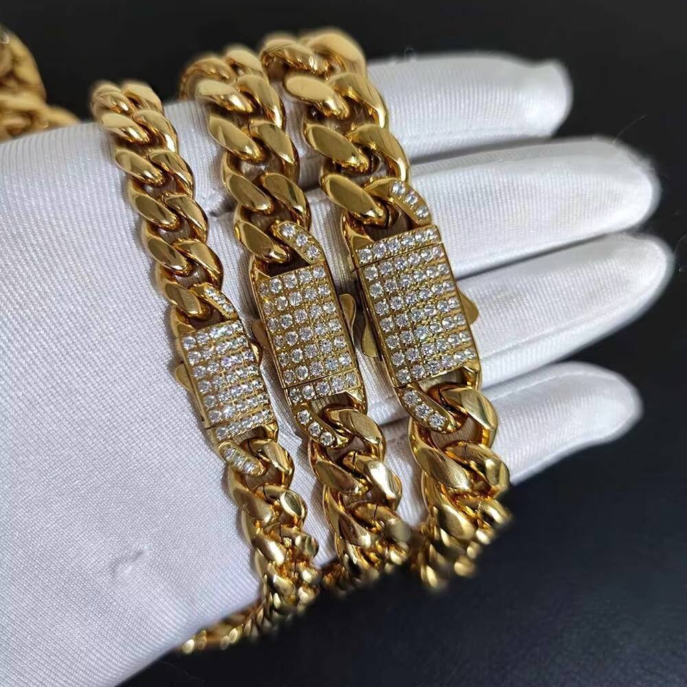 NUOYA 18K Gold Plated Cuban Bracelet Men 10mm 12mm 14mm Stainless Steel Miami Hip Hop Chain Custom Length Wholesale Jewelry