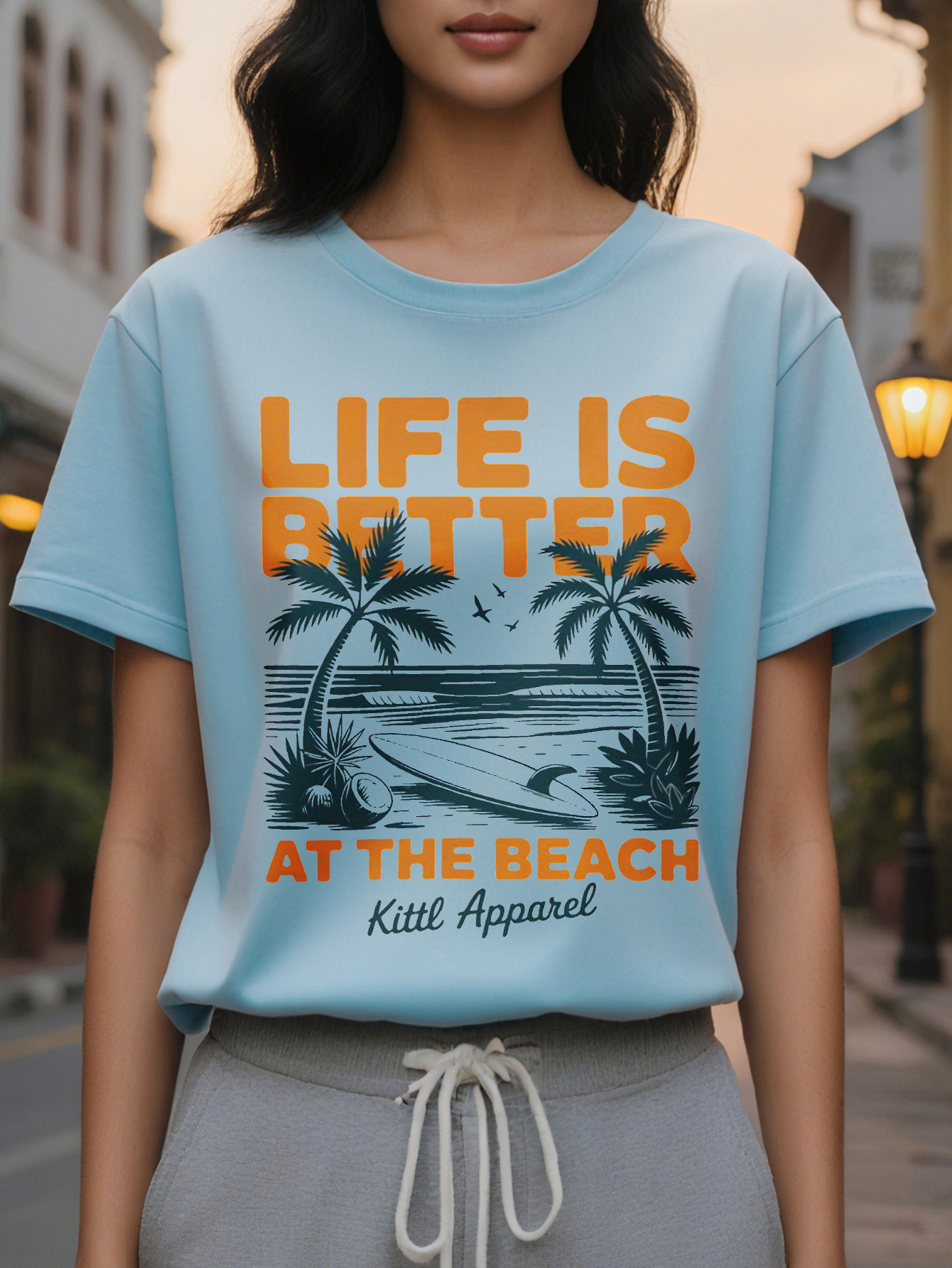 Ladies White T-Shirt Beach Theme Pattern Jacket Printed with Better Life at the Sea Round Neck Soft Summer Casual