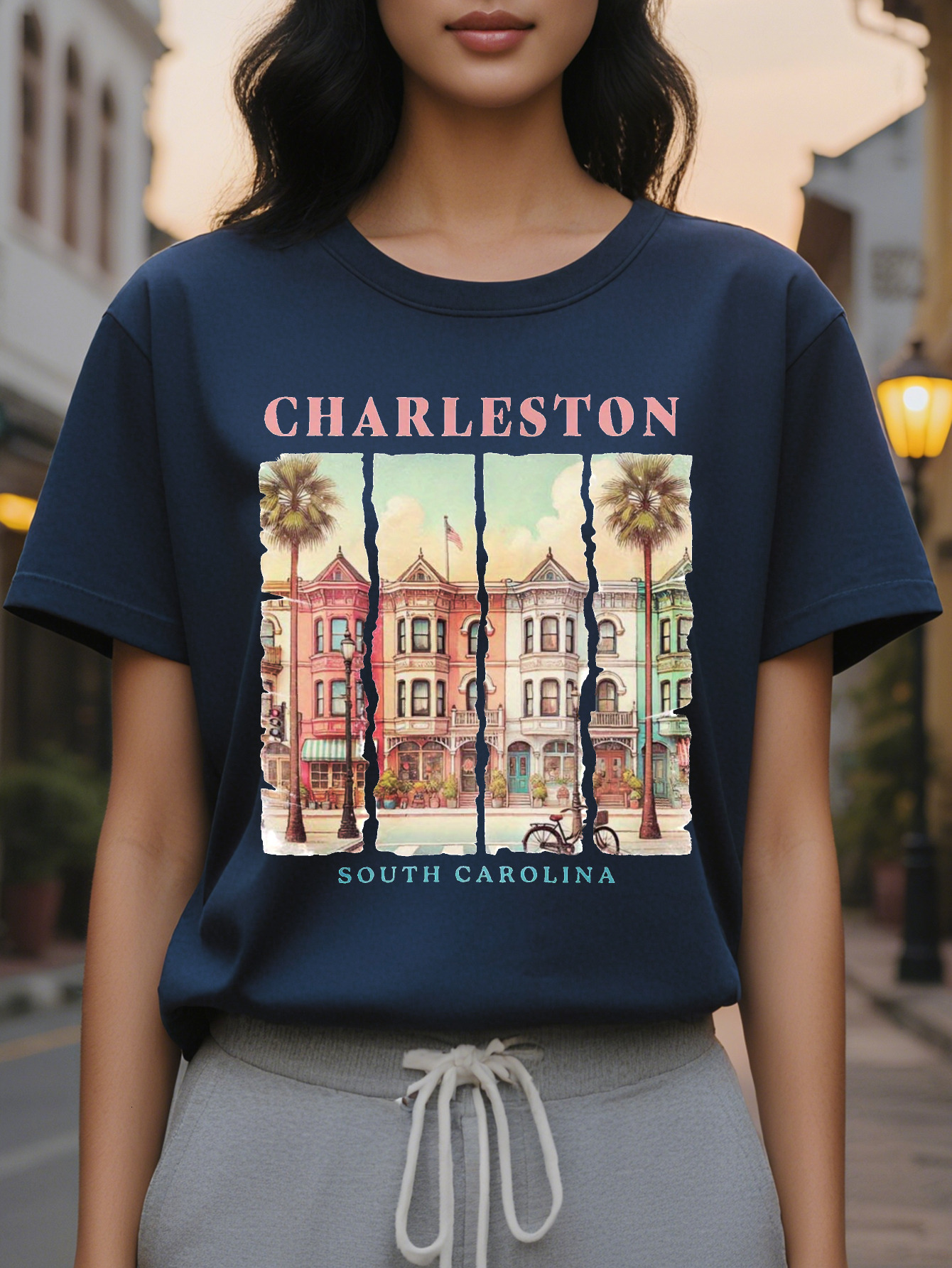 Women's Charleston T-shirt Soft Pink Green Historical Building Pattern Short Sleeve Jacket Southern Charm Casual Round