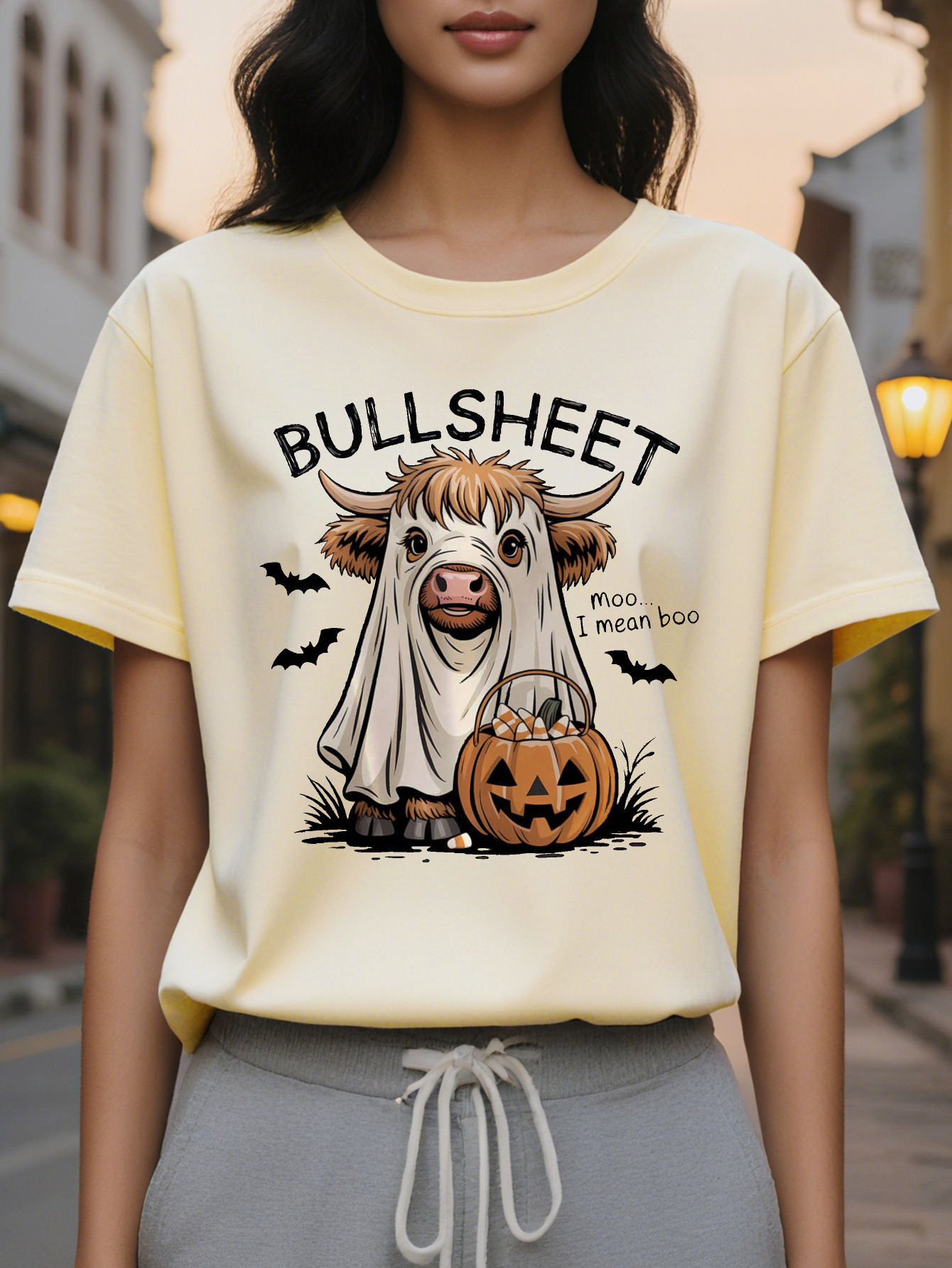 Women's Fun Bullsheet T-shirt Scottish Mooooo Print Halloween Theme Party Casual Summer Crewneck Top Washable