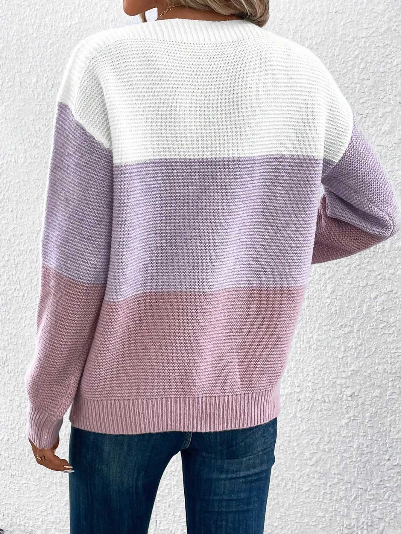 Elegant Threecolor Patchwork Sweater Women Daily Commuter Casual Loose Jumpers Female Autumn Winter Knitted Thickened Warm Tops M250904