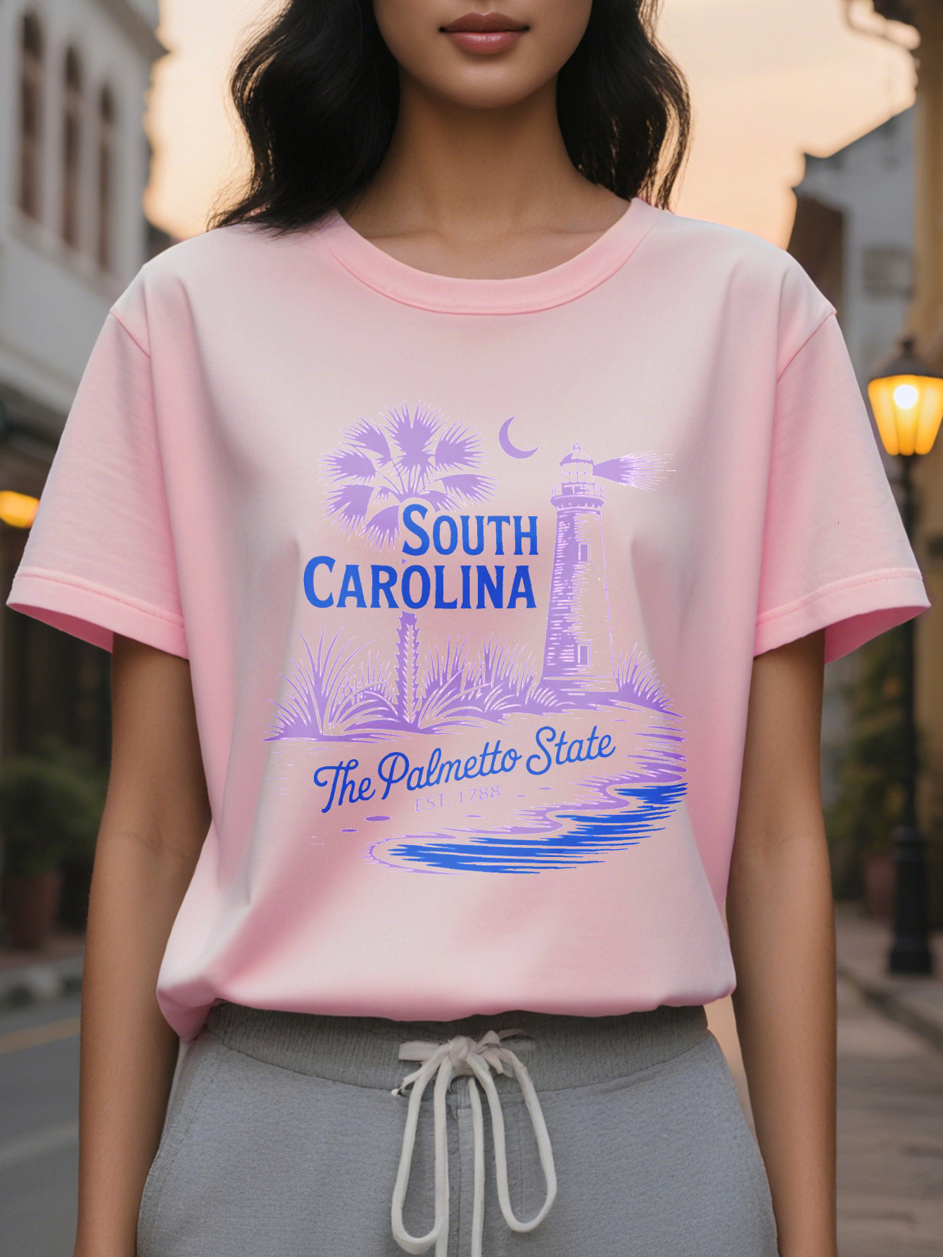 Women s White Sleeve Sweater South Carolina Pattern Pullover Lighthouse Vintage Design, Washable for Autumn and Winter