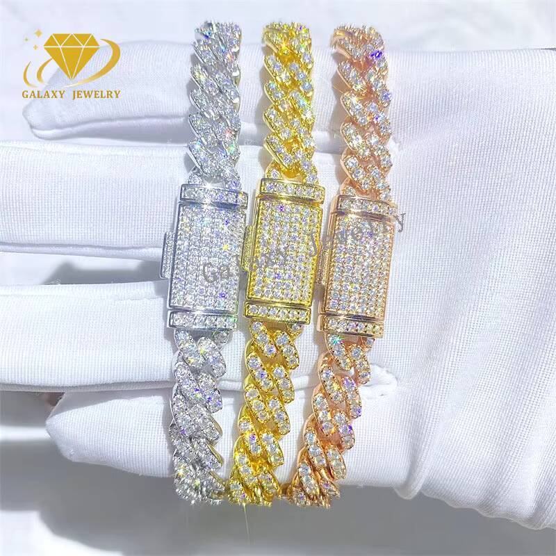 Hot Sale Luxury Women Iced Out Jewelry 925 Silver Rose Gold Plated 8mm Cuban Link Chain Moissanite Diamond Cuban Bracelet