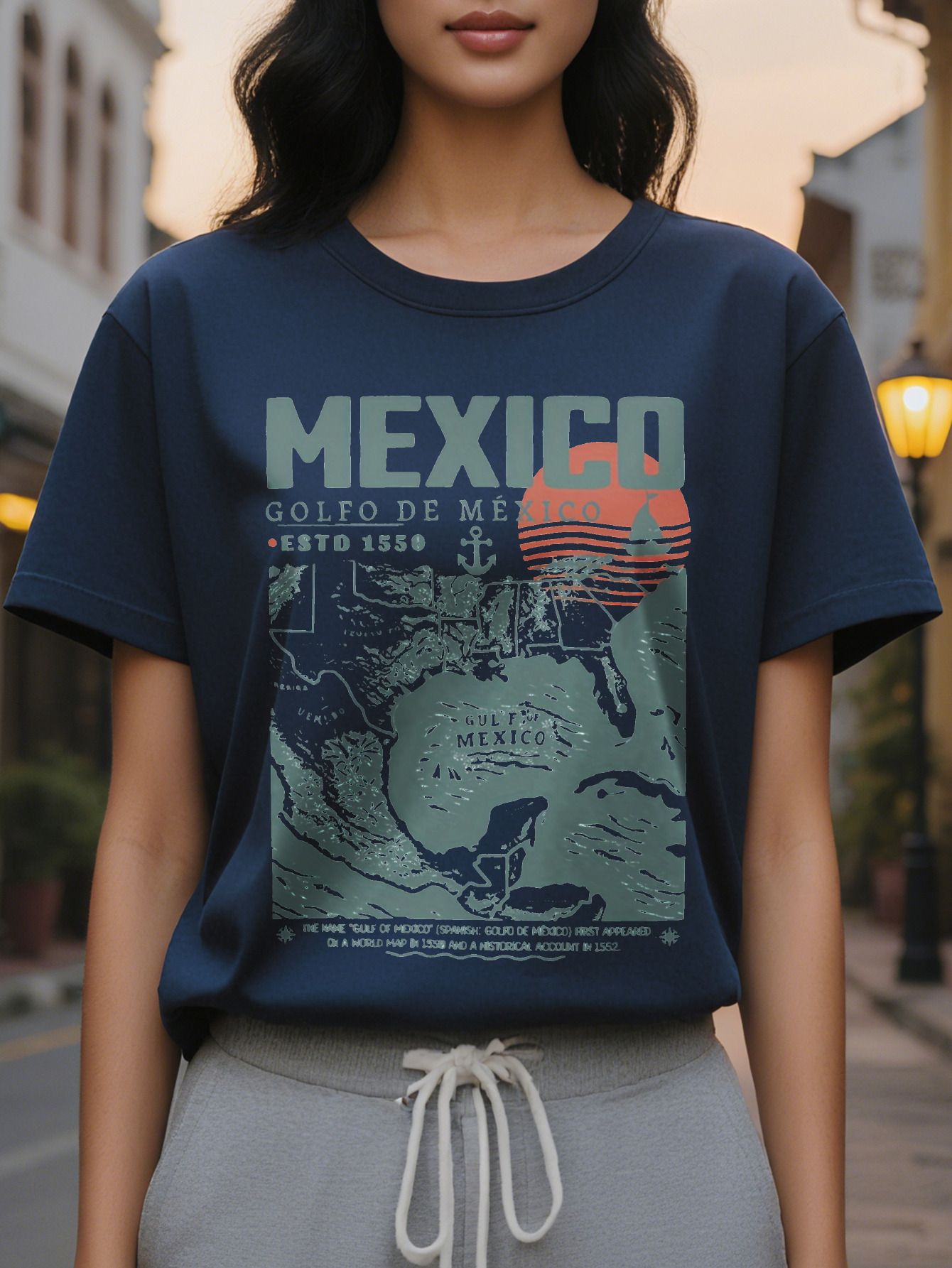 Women's Retro Gulf of Mexico Pattern T-Shirt Patriotic American Nautical Design Coordinates Loose Fit Short