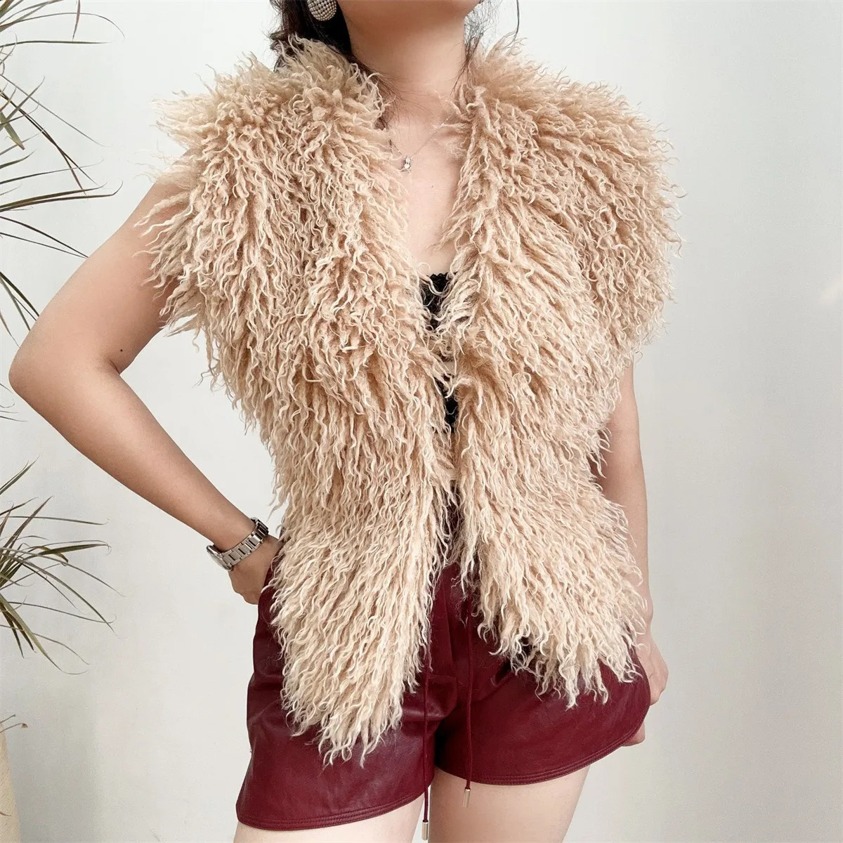 Fluffy Sexy Faux Mongolian Fur Halter Vests Women Solid Deep V-Neck Backless Bandage Sleeveless Jacket Top Outerwear Coat 250823