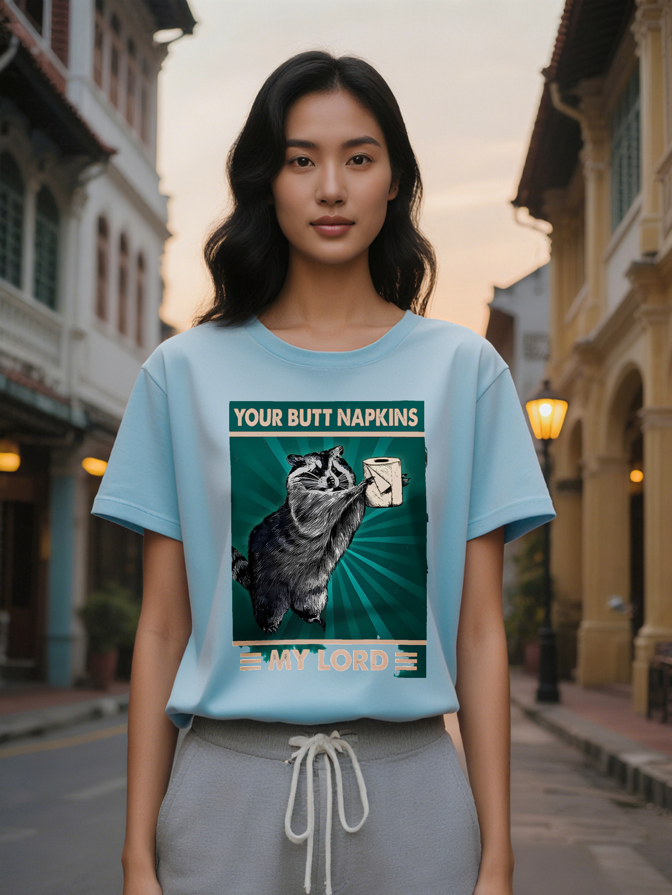 Casual Graphic T Shirt with Raccoon Toilet Paper Print Your Butt Napkins My Lord Black Round Neck Summer Tee