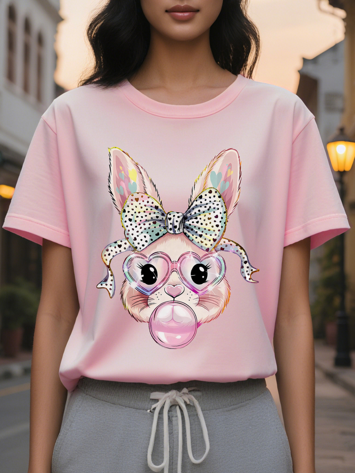 Women s Bubble Rabbit Easter Pattern Short Sleeve T Shirt Interesting Polka Dot Design with Glasses and Bow Breathable