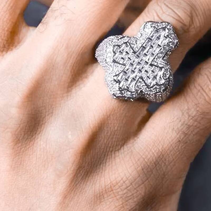 GRA Hip Hop Iced Out Bling 925 Sterling Silver Pass Diamond Tester VVS Moissanite Fleur Baguette Cross Ring for Men
