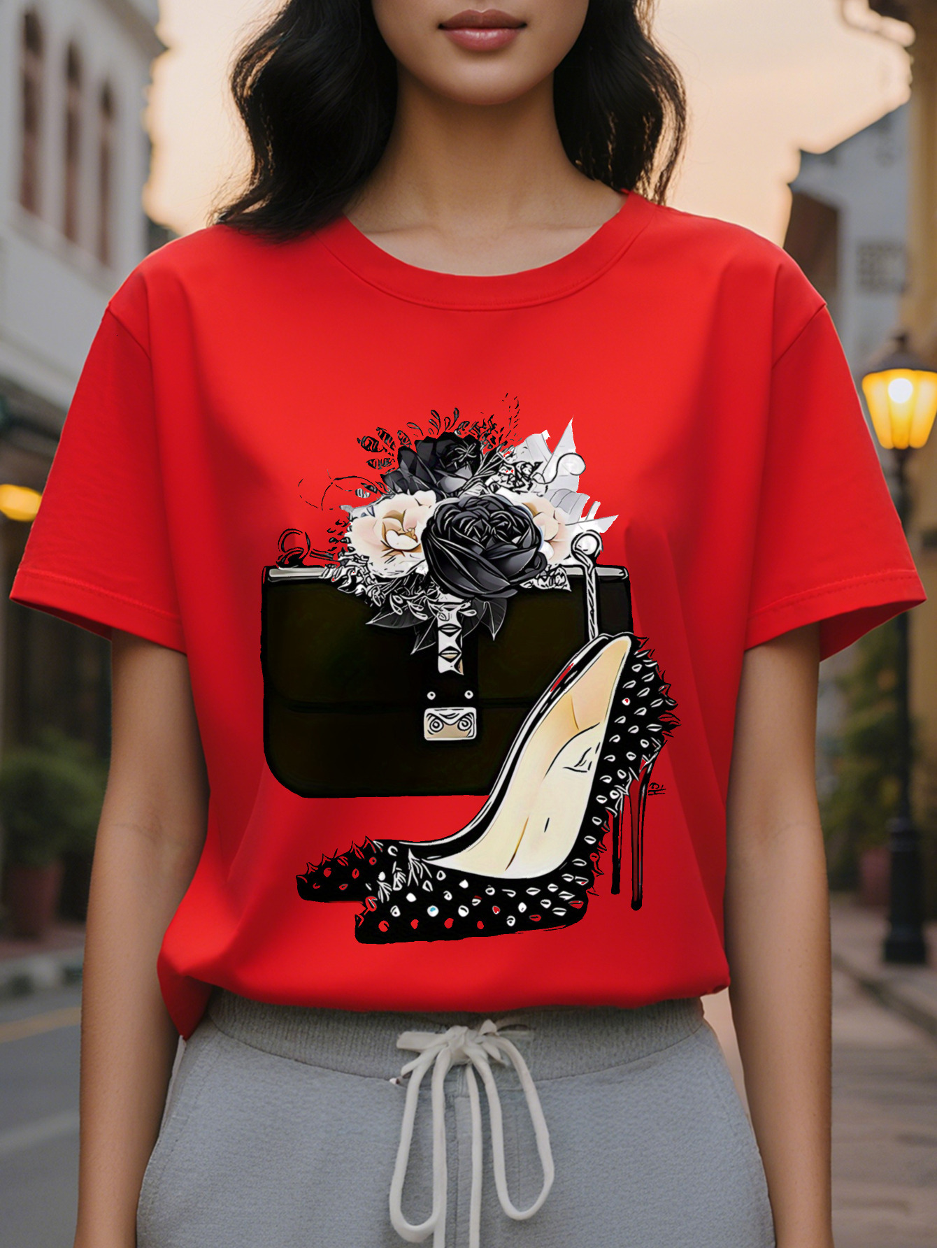 igh-heeled shoes printed T-shirt short sleeve round neck casual top suitable for spring and autumn women's clothing