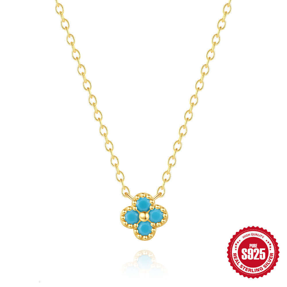 INS Style Pure Silver Petal Turquoise Inlaid Diamond Band Women's Engagement Wedding Ring Necklace Set