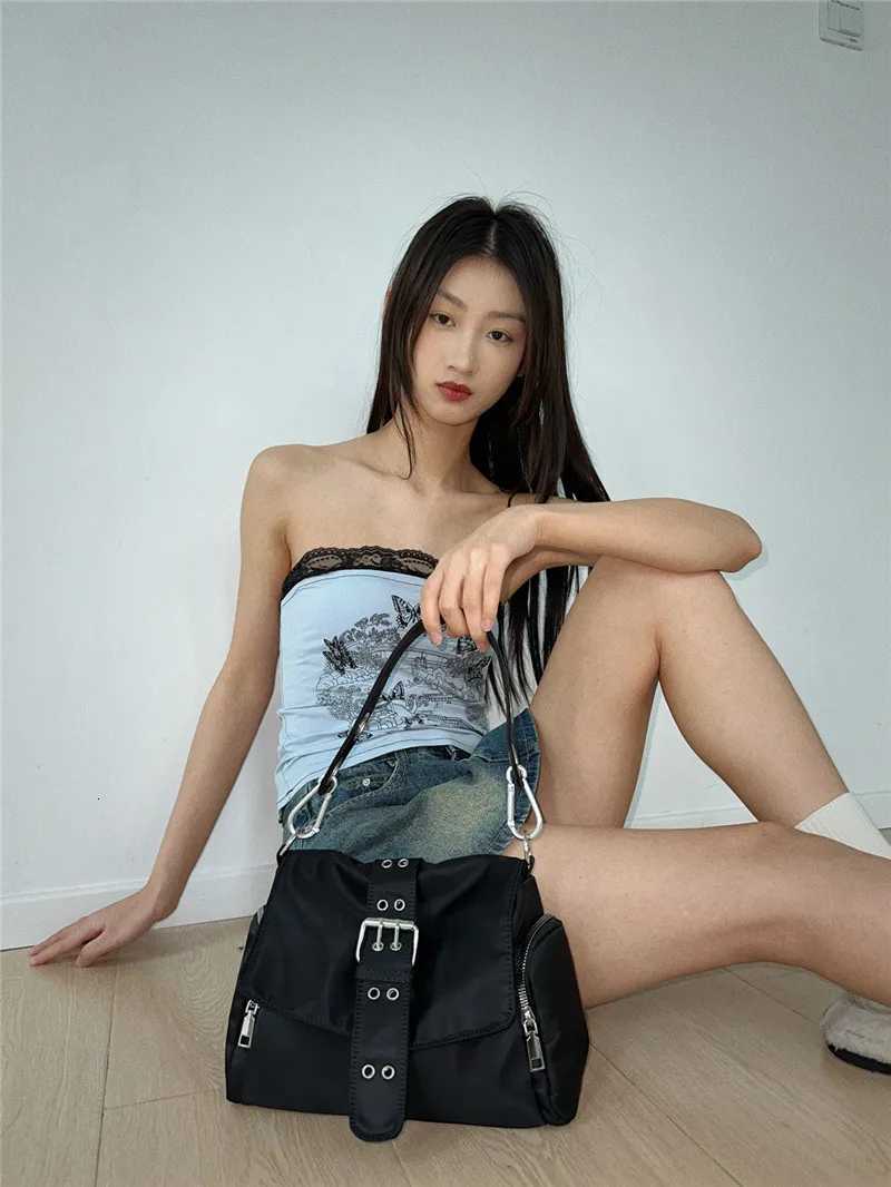 Y2K bag Wide Shoulder Strap Single Shoulder Diagonal Cross Underarm Bag FAshion Womens Nylon Handbag Black Z250903