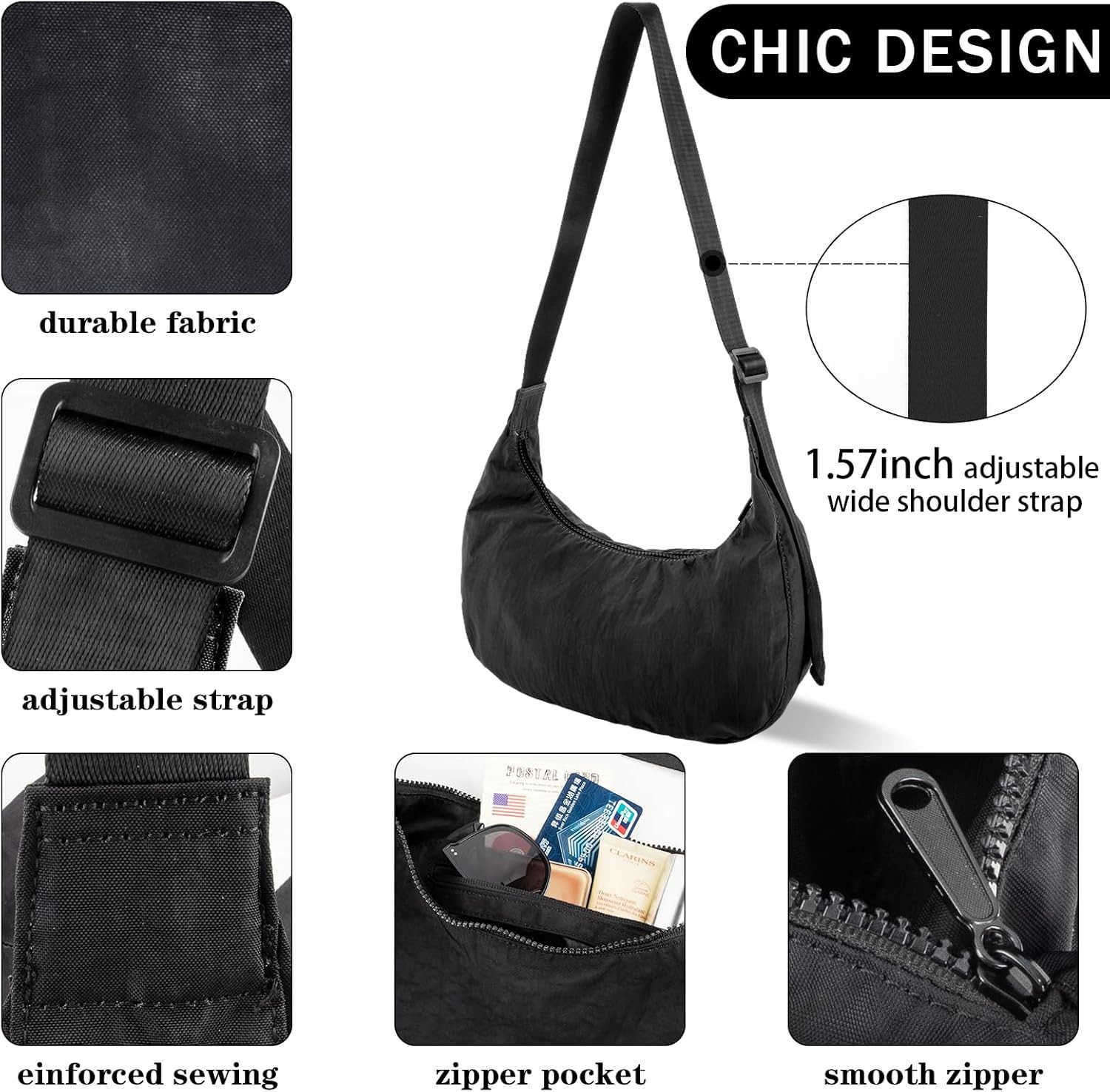 Nylon Crescent Shoulder Bag for Women MenCrossbody Bag with Adjustable StrapDual Interior Zip Pocket M250903