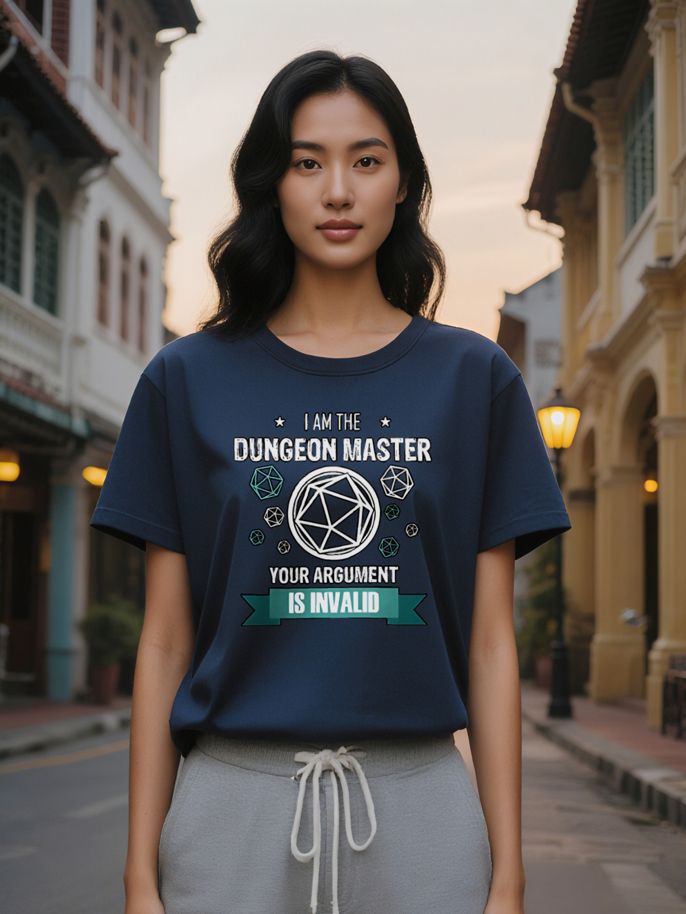 Lady Casual Graphic T-Shirt Black with White D Dice Dungeons Master Design I AM THE DUNGEON MASTER Tabletop RPG