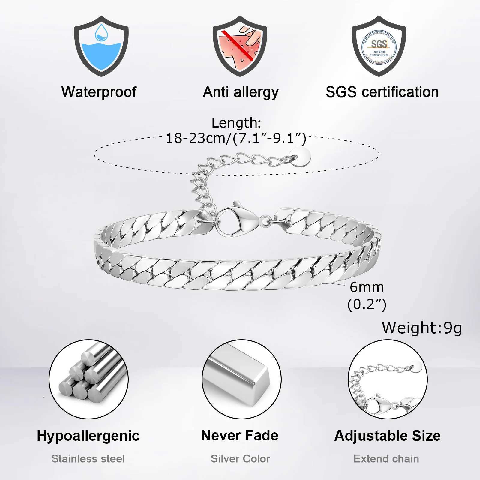Vnox Waterproof Cuban Chain Bracelets for Men Wen Nr Fade Simple Stainless Steel Flat mi Cuban Link Chain Wristband Y250904