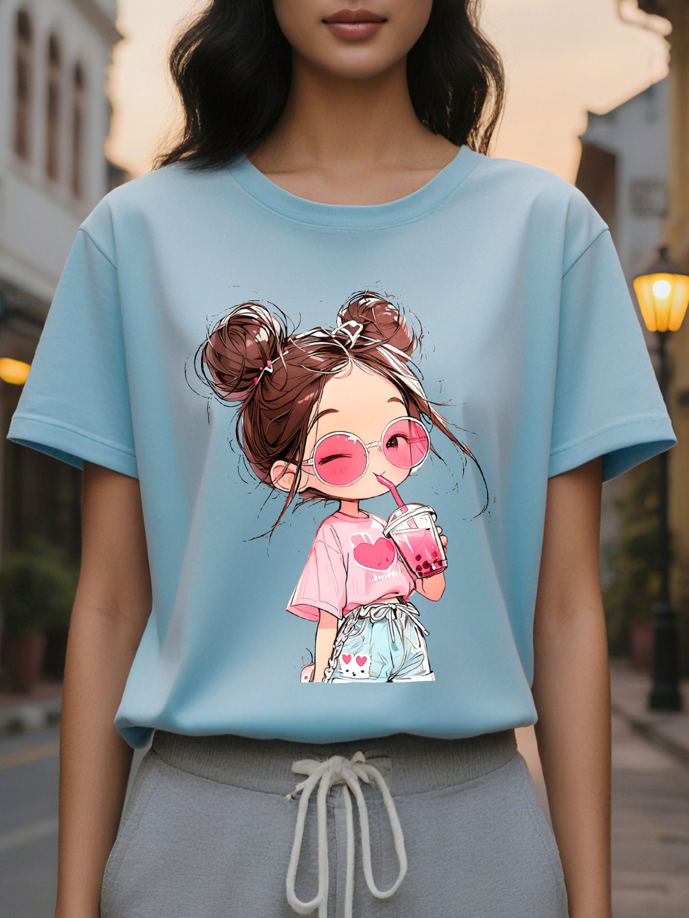 Large XL Women's Short Sleeve T-Shirt Cute Cartoon Print with Heart Glasses Drink Breathable Semi Sheer Round Neck Medium Plus Size