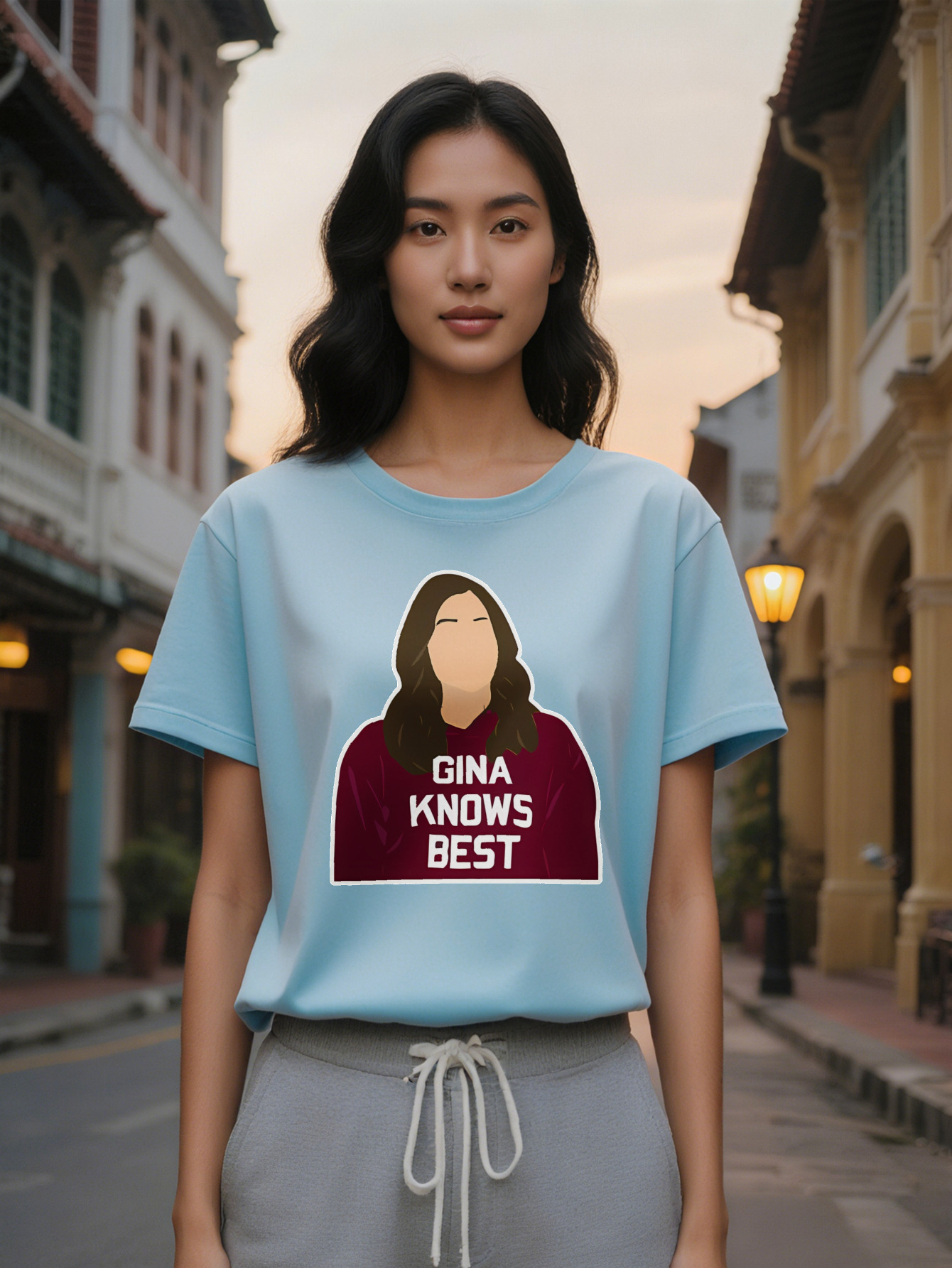 Large XL Gina Knows Best Brown Long Hair Cartoon T-Shirt Crew Neck for Women Summer Knit Fabric Tops Women's Gift Tee Casual Plus Size