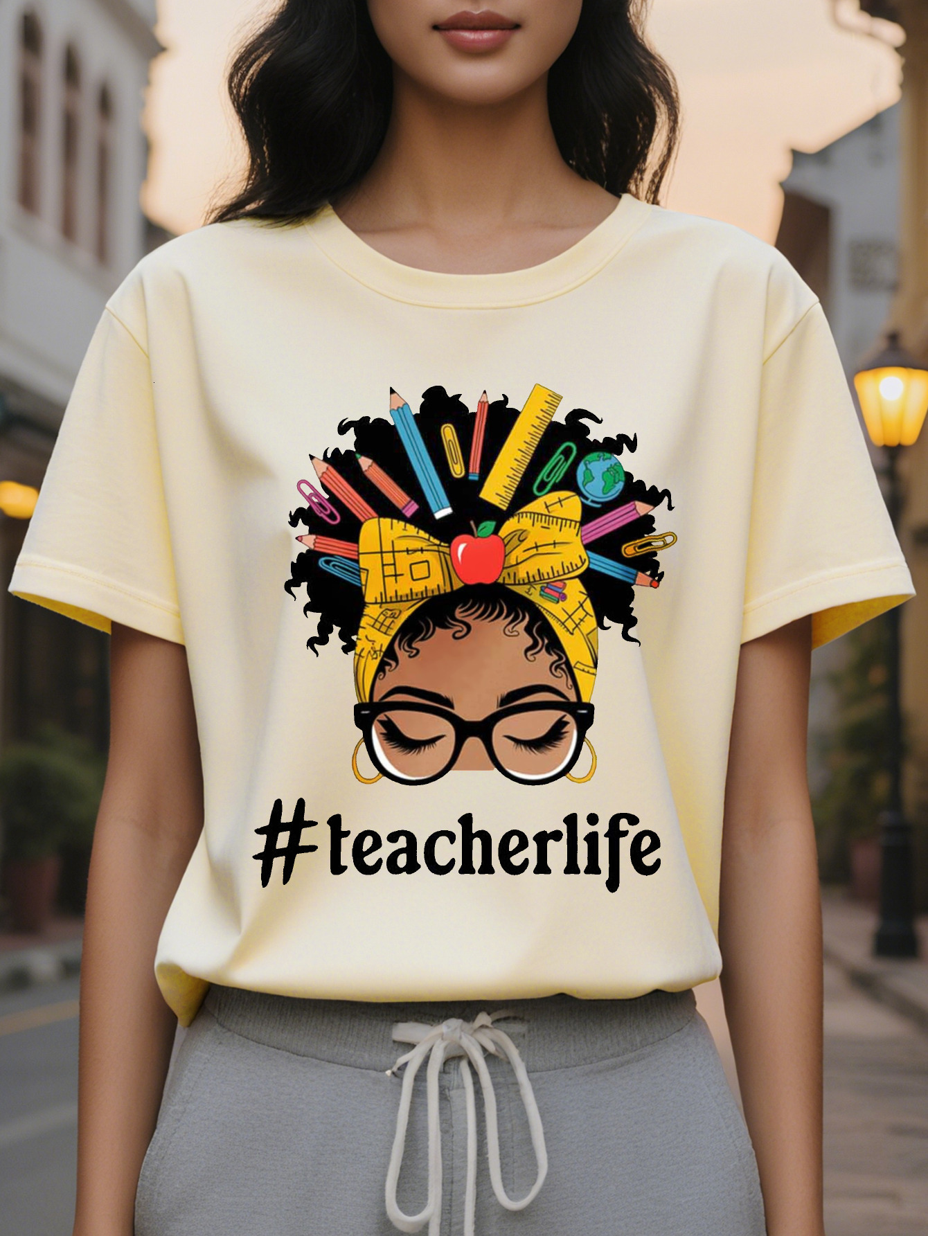 Women Black History Sleeve T-Shirt Round Neck Casual Top Designed Teacher Life Colored Pencil Floral Illustration