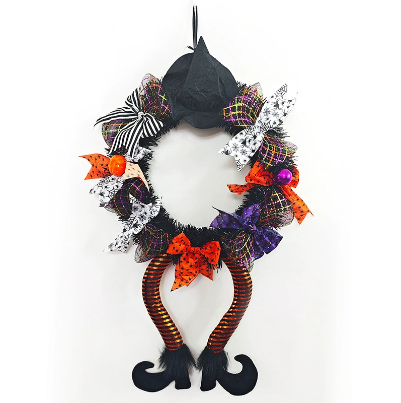 Halloween Witch - Themed Wreath Decor: Black Hat, Colorful Bows & Witch Legs for Festive Home Decor