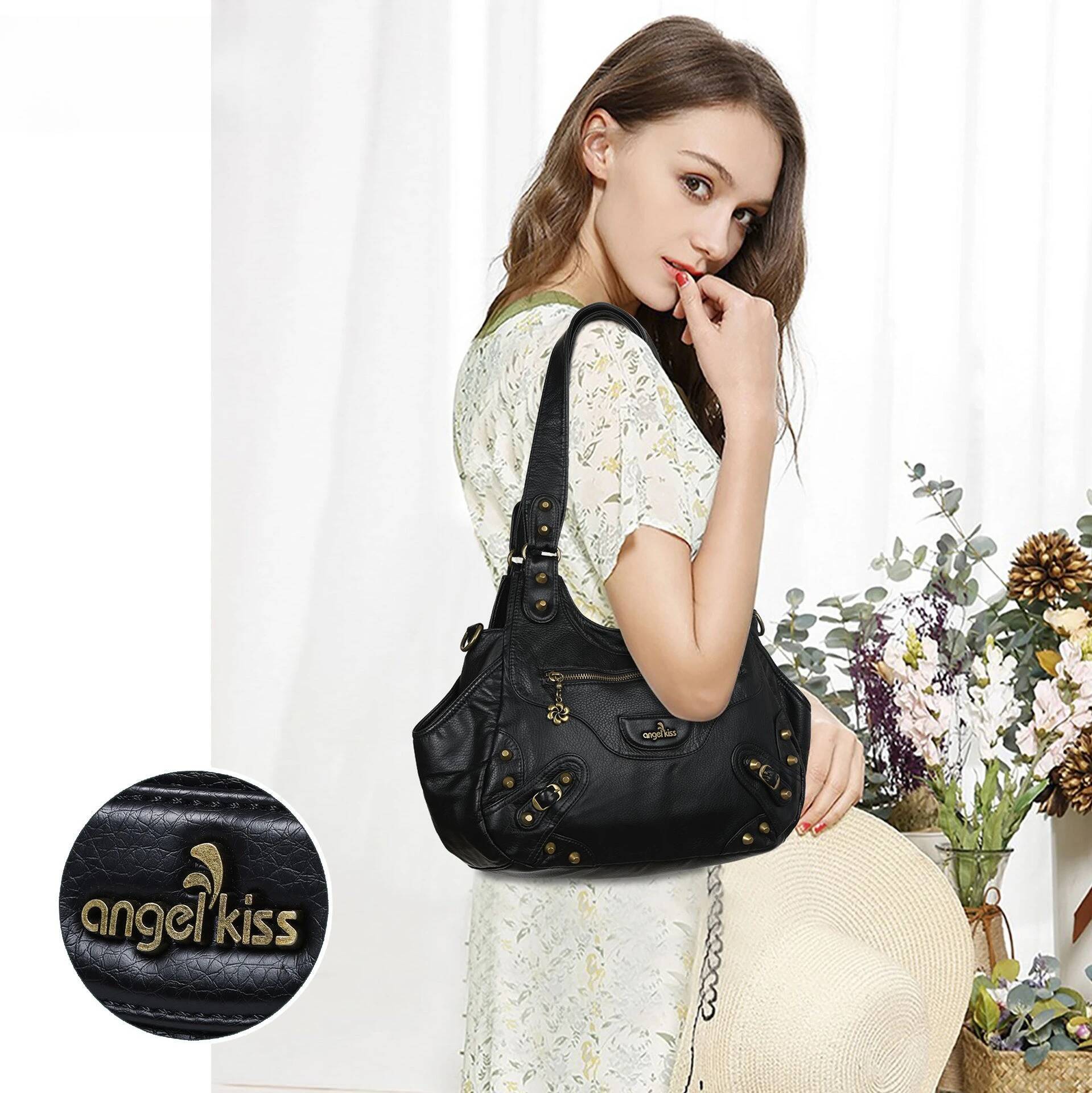 Women Handhag Black Brand bags Vintage Fashion Shoulder Bags Female Top-handle Soft Tote Bag Large Purse