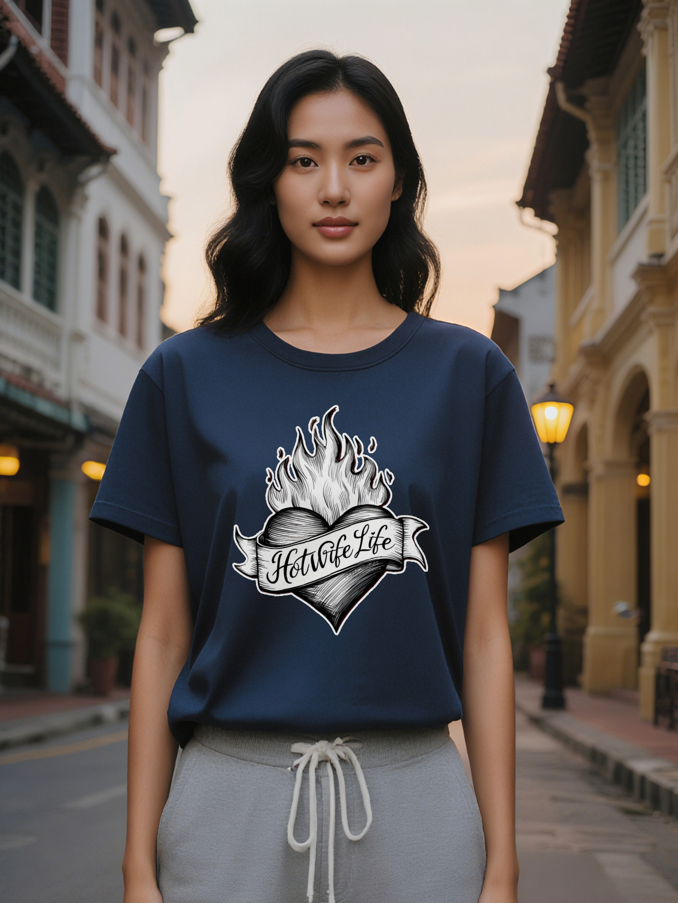 Large XL Women's T-Shirt with Heart Flame Print Hotwife Text Black Round Neck Summer Tee Washable Regular Fit Top for Plus Size