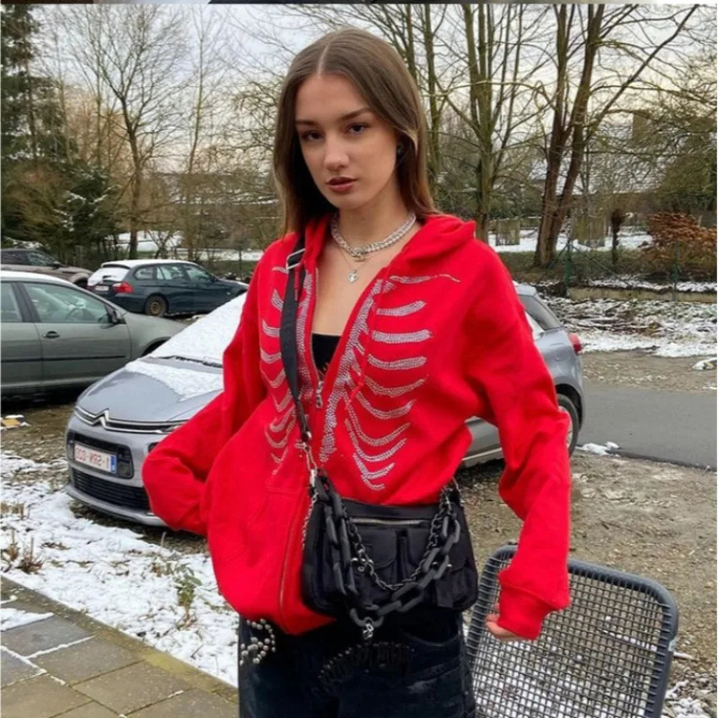 Y2K Rhinestone Skeleton Hoodies Women Gothic Black Zip Up Oversized Sweatshirts Female Retro Harajuku Hooded Jacket Streetwear 250904