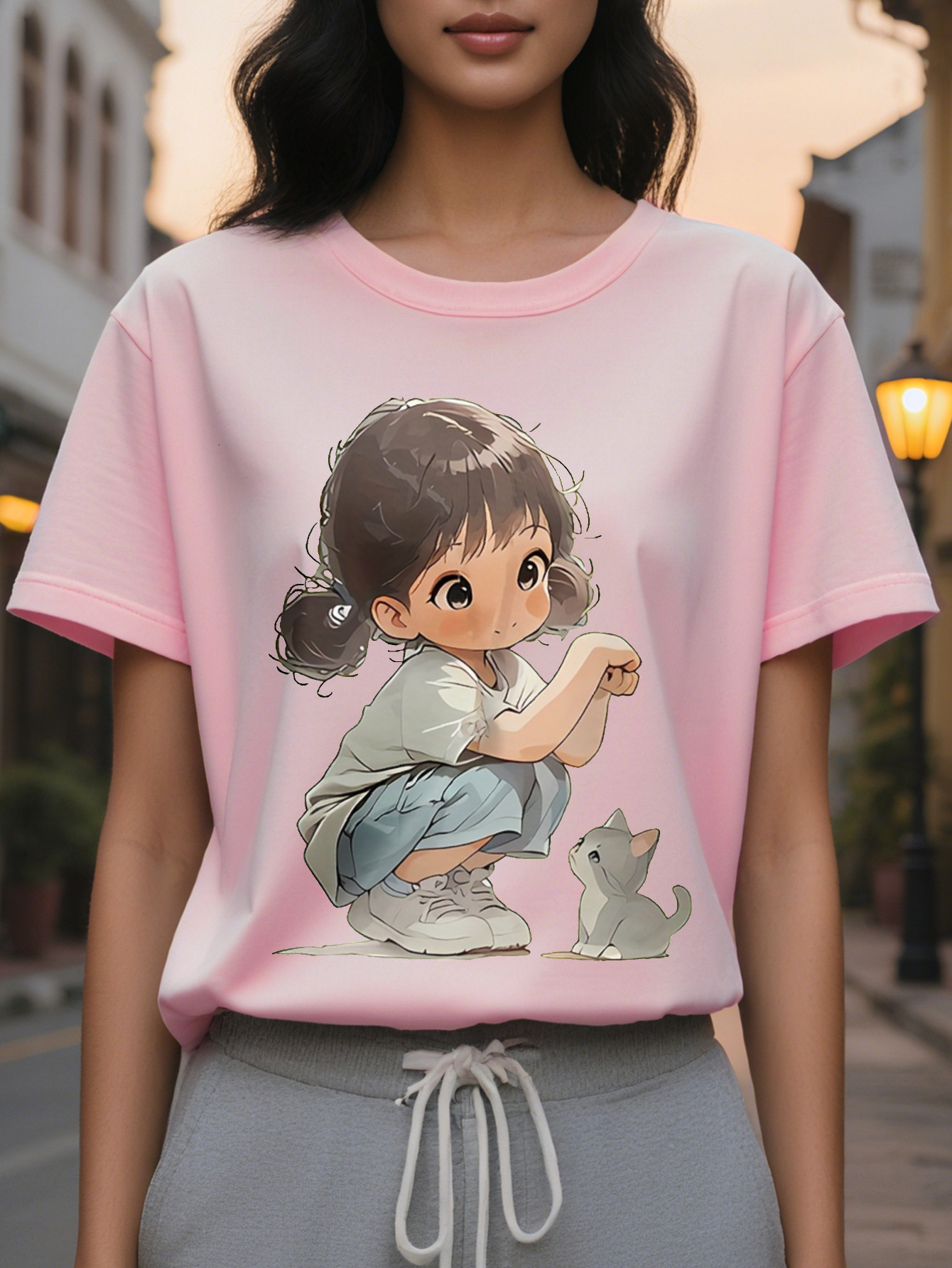 Ladies Lime Green T-Shirt Cute Cat Pattern Short Sleeve Jacket Light And Thin Daily Leisure Summer Beach Clothes Hine