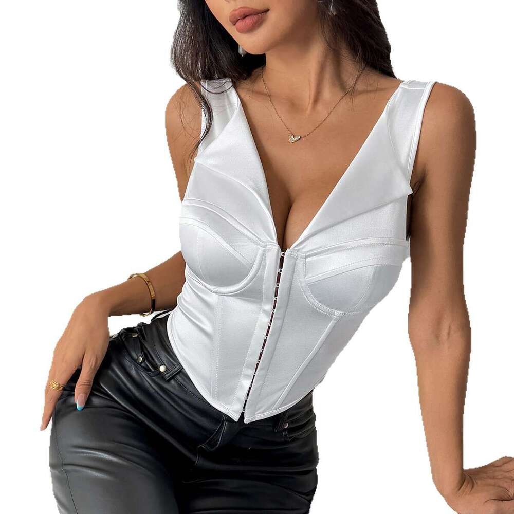 Spicy Girl Camisole Solid Color Commuter Women's Sexy V-neck Short Fishbone Vest Top