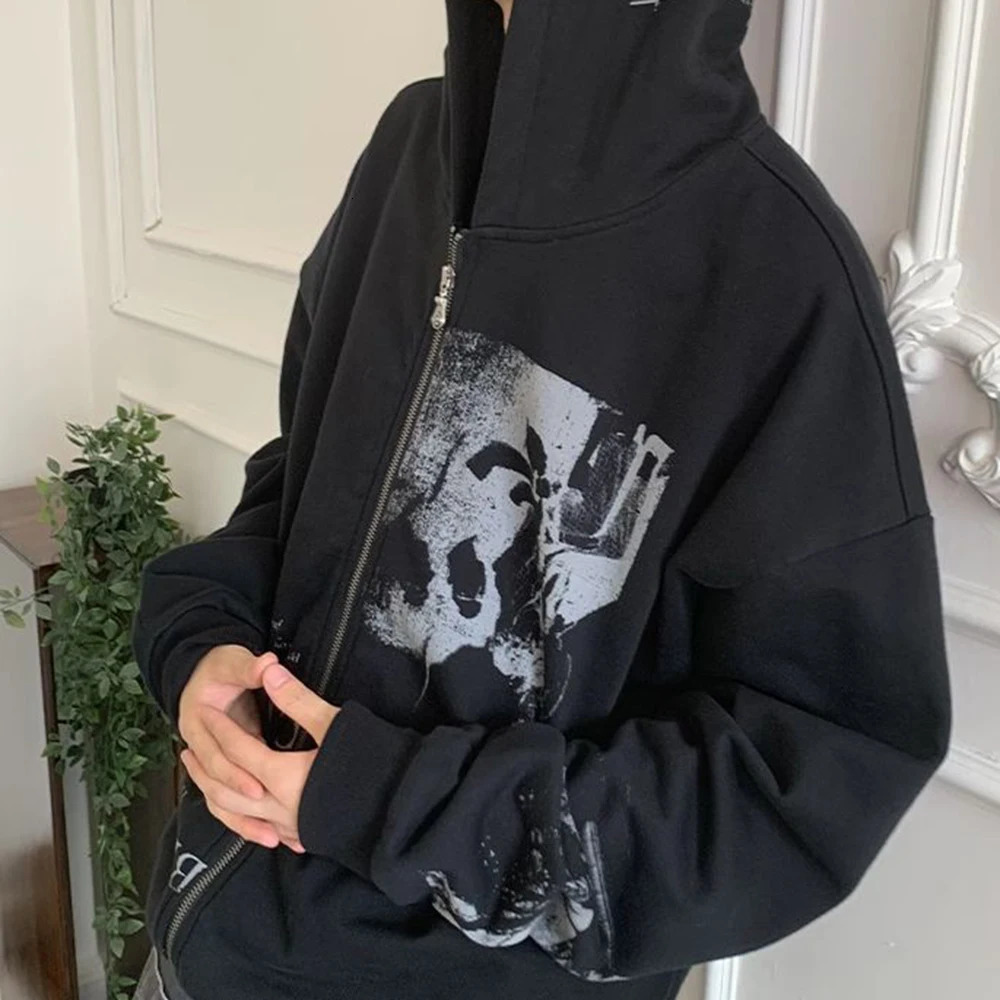 Y2K Gothic Clothing High Street Cotton Punk Zipper Hoodie Autumn And Winter Plus Velvet Oversized Hip Hop Mens Sweatshirt 250904
