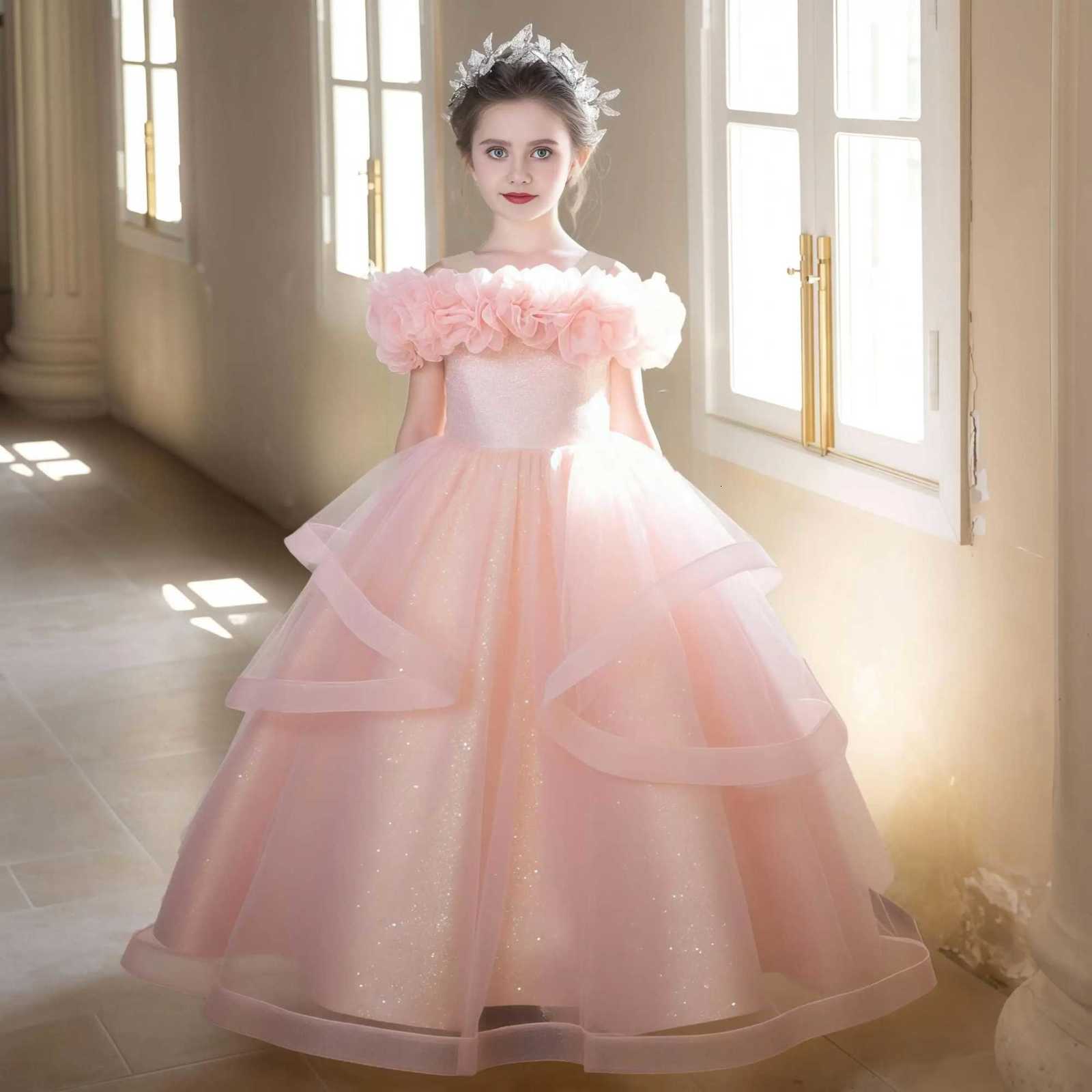 Elegant Fold Flower Party Girl Dresses Formal Tulle Bridesmaids Wedding Princess Prom Dresses Girls First Communion Evening Gown Z250904
