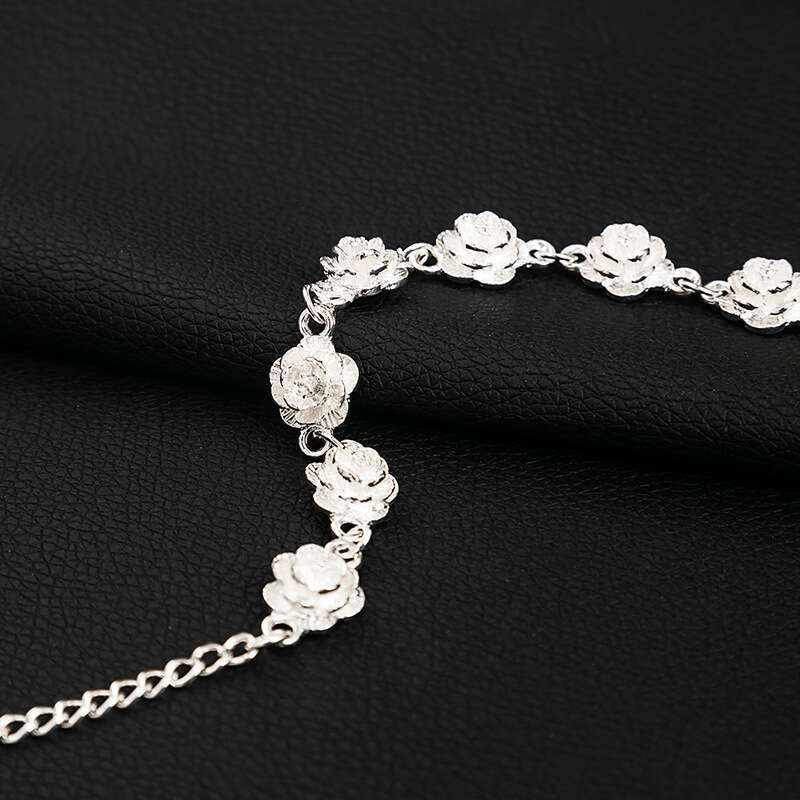 2025 Ethnic Style Silver-Plated Rose Necklace & Miao Silver Retro Flower Bracelet Set - Fashion Floral Jewelry, Wholesale, Sweet Fresh Design for Wome