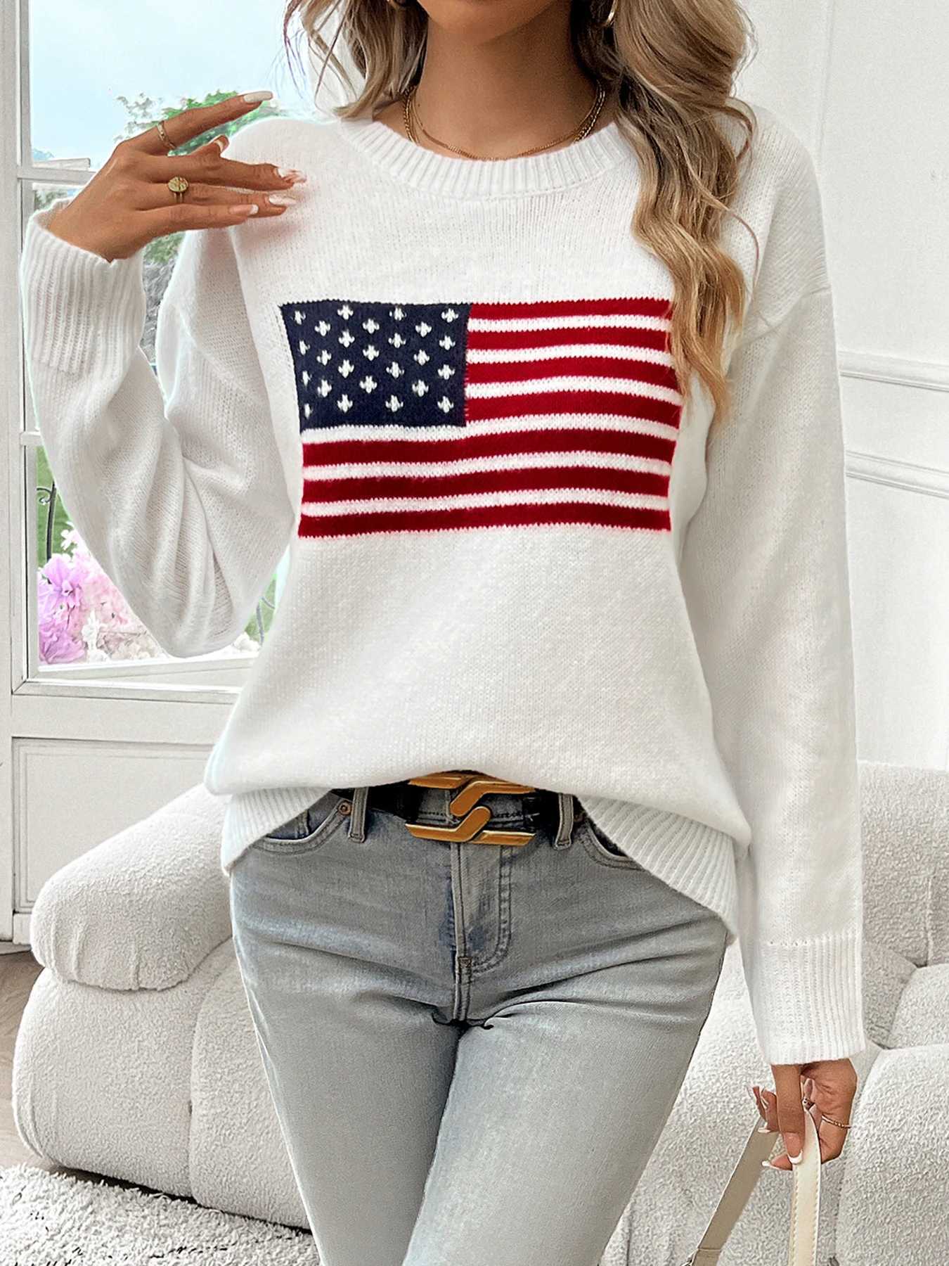 American Flag Crew Neck Long Sleeve Pullover Womens Sweater M250904