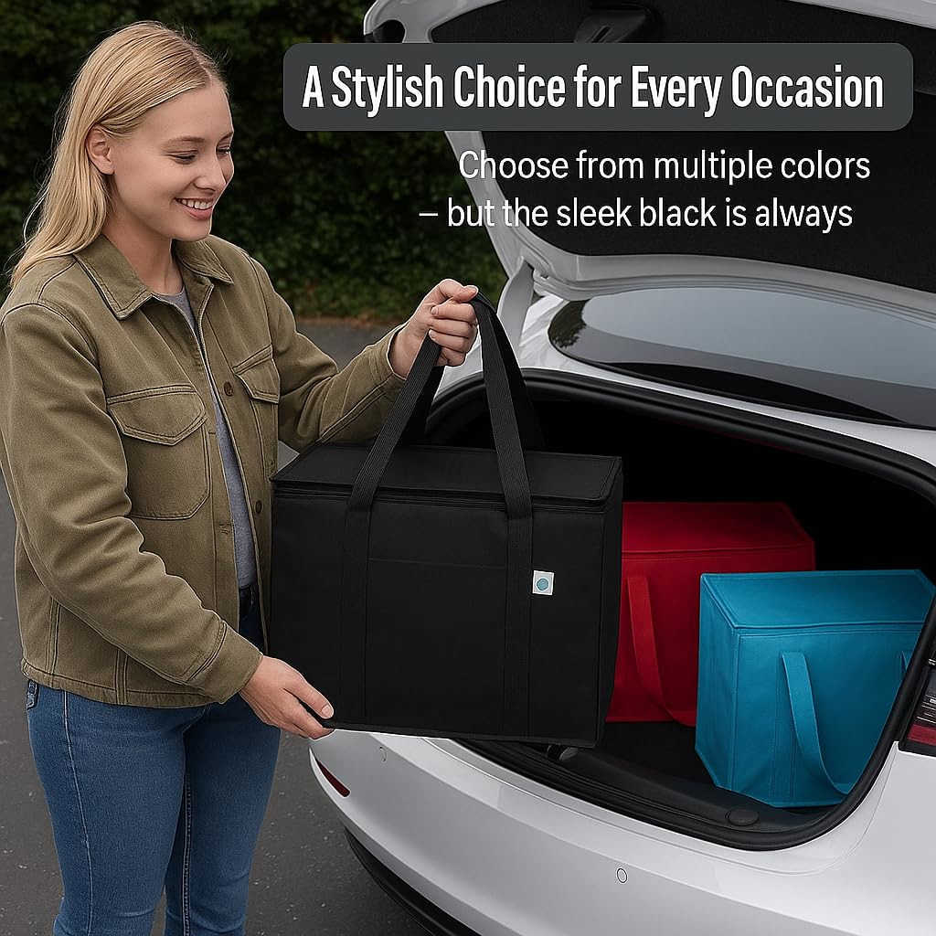 2Pack XLLarge Insulated Grocery Shopping Bags Black Reusable BagThermal ZipperCollapsibleToteCoolerFood Transport hot and ColdCamping delivery GrocW25