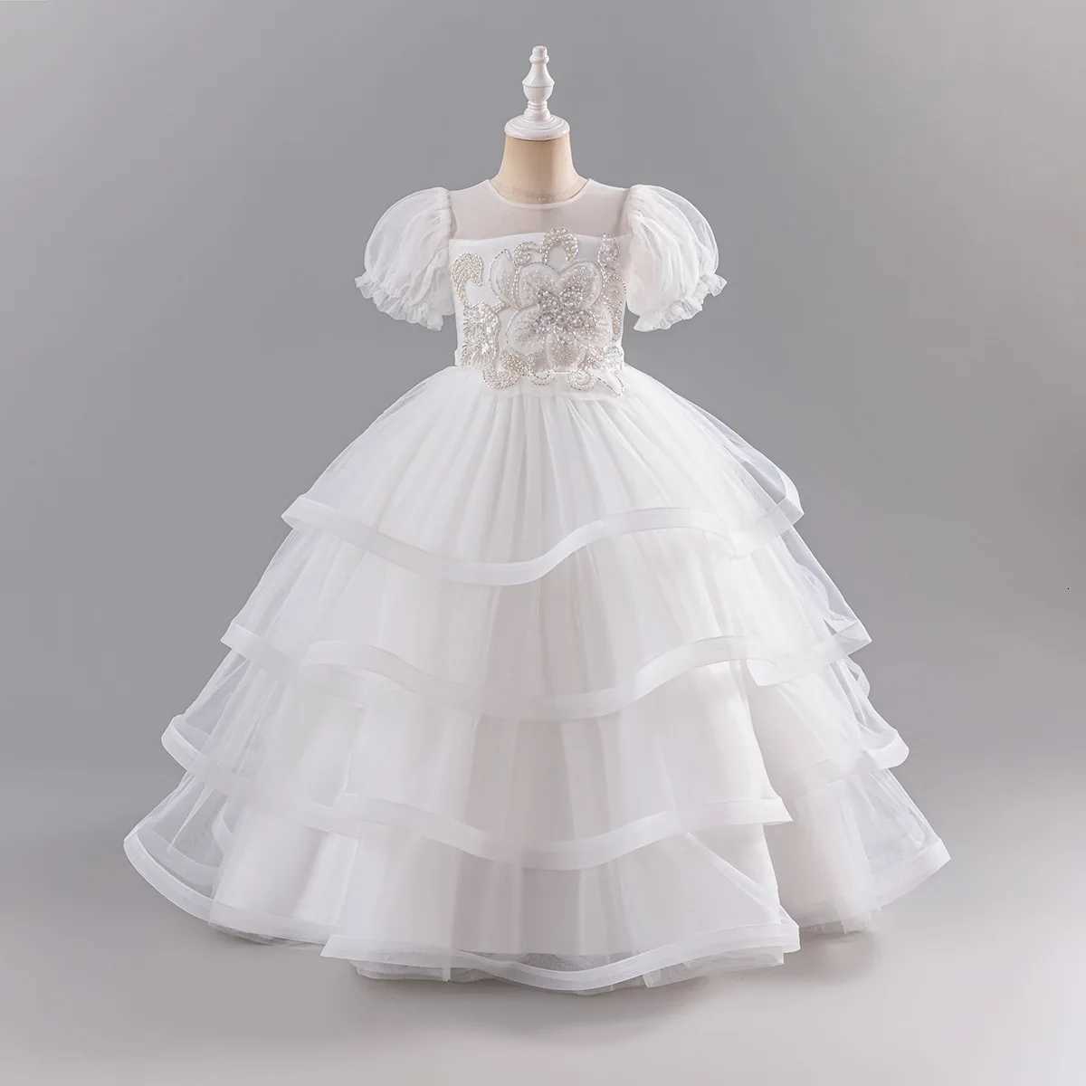 Girls New Pearl Sequin Flower Bubble Sleeve Mesh Long Fluffy Skirt Wedding Flower Girl School Makeup Ball Princess Skirt Z250904