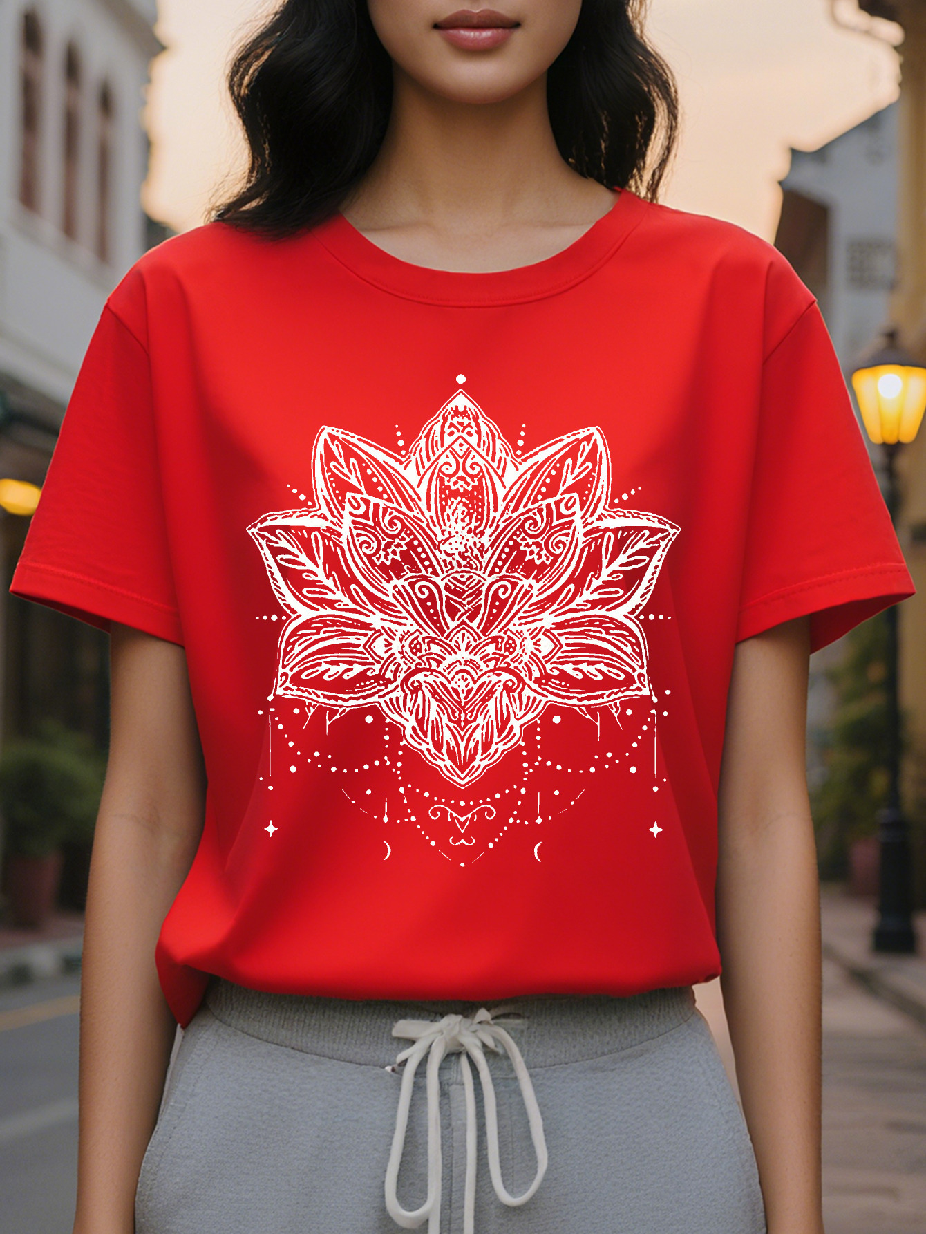 Large XL Lotus Print Crew Neck T-shirt Casual Top for Spring Fall Women's Clothing Plus Size