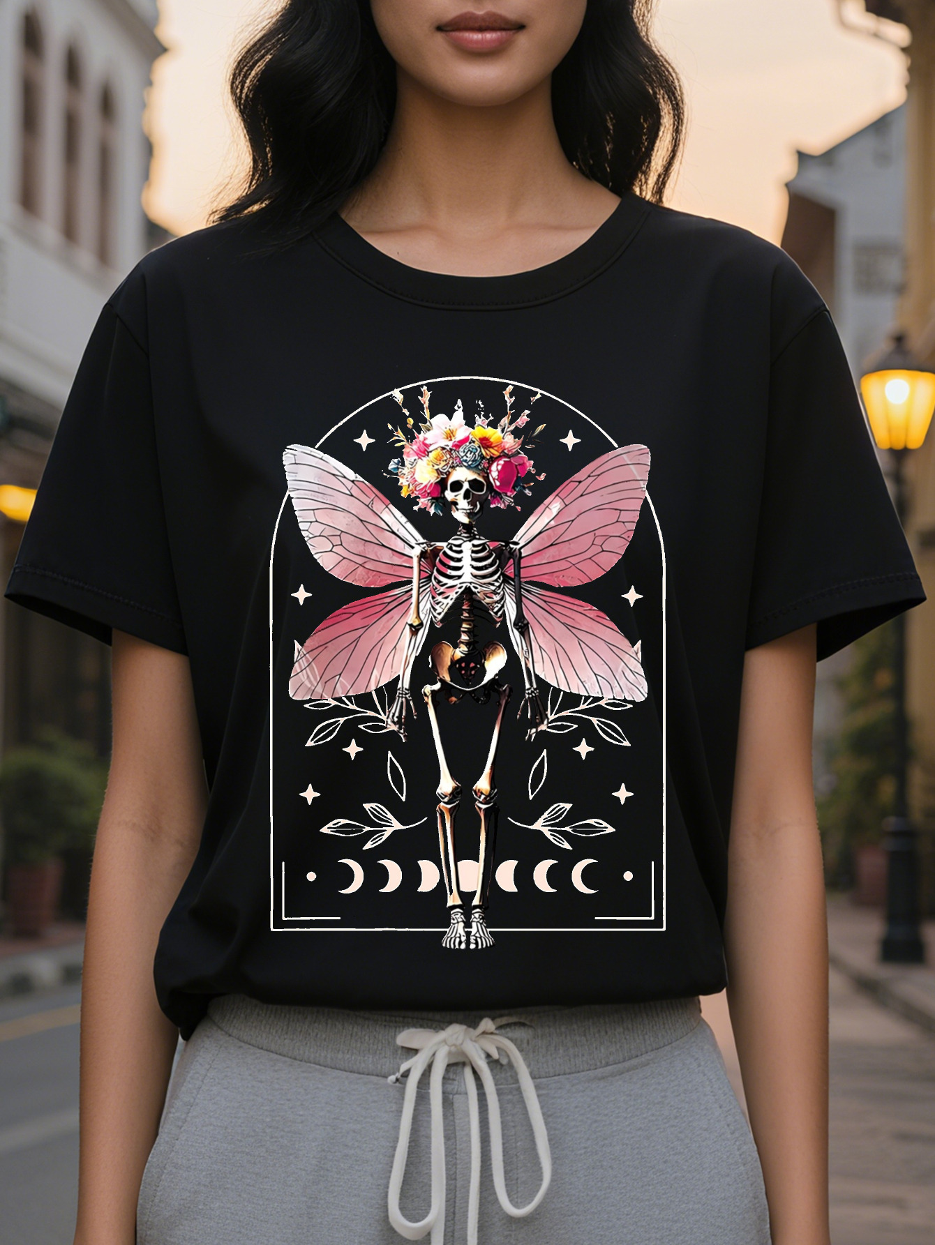 Large XL Women's Dark Gothic Floral Skeleton Graphic Tee Soft Round Neck T-Shirt for Everyday Halloween Outfits Washable Plus Size