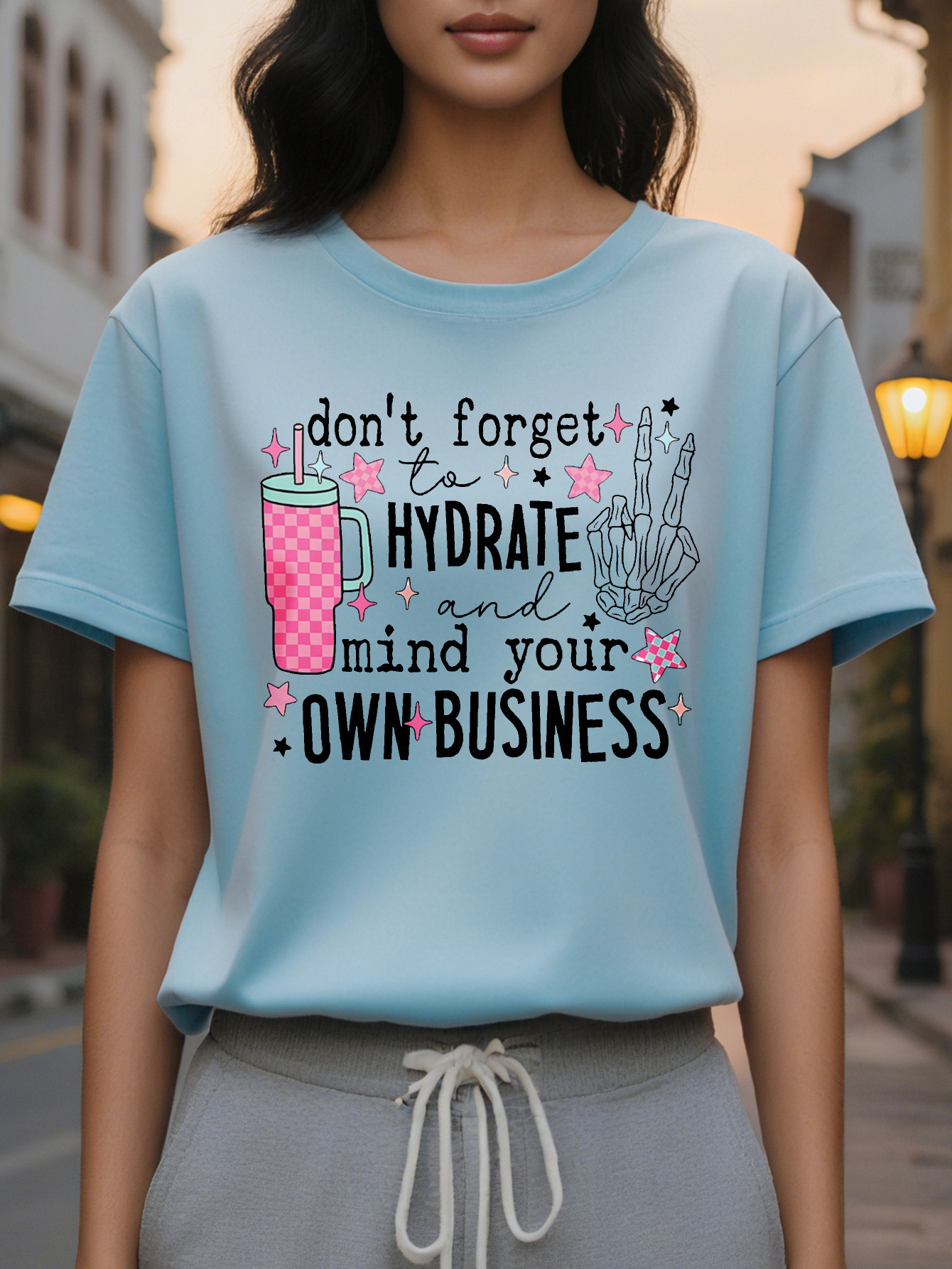 Ladies Don't Forget to Replenish Water Take Care of Yourself Pattern T Shirt White Short Sleeved Round Neck Jacket