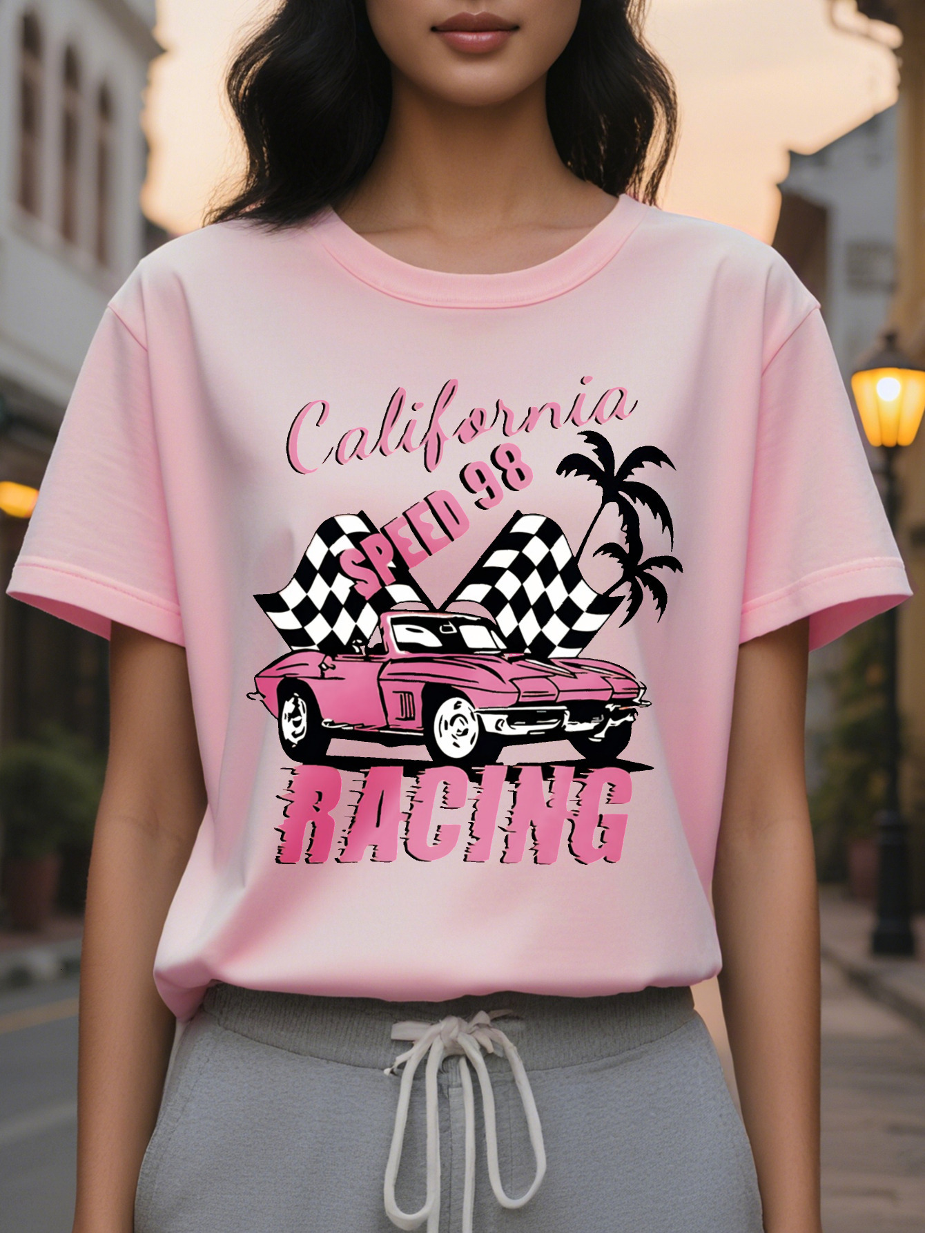 Large XL Women S Speed Graphic T-Shirt Crew Neck Short Sleeve Top with Palm Tree Design Pink Lightweight Summer Tee for Plus Size