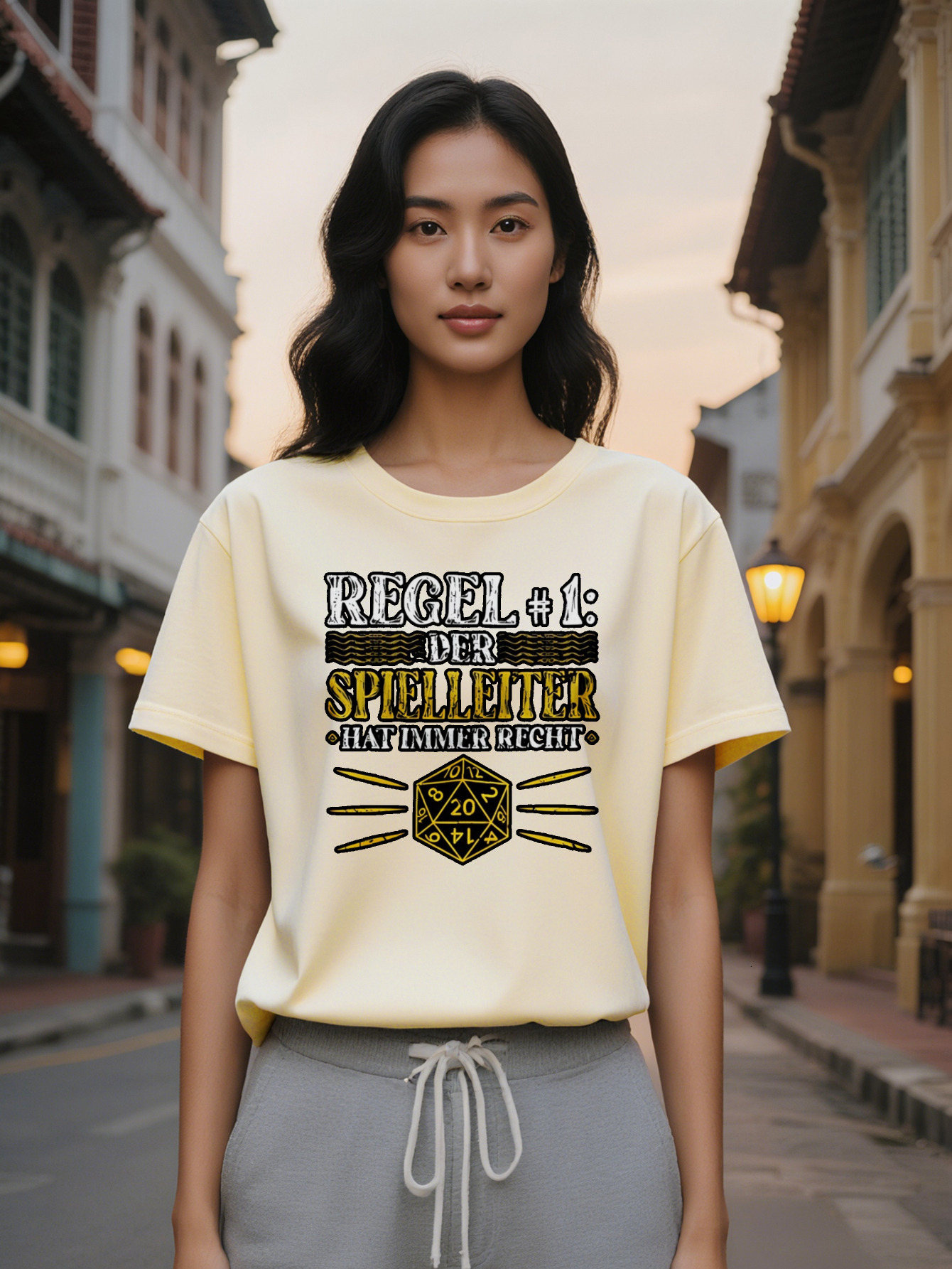 Large XL lady Casual Graphic T Shirt The Game Master is Always Right D Tabletop Gaming Design Black with White Yellow Plus size