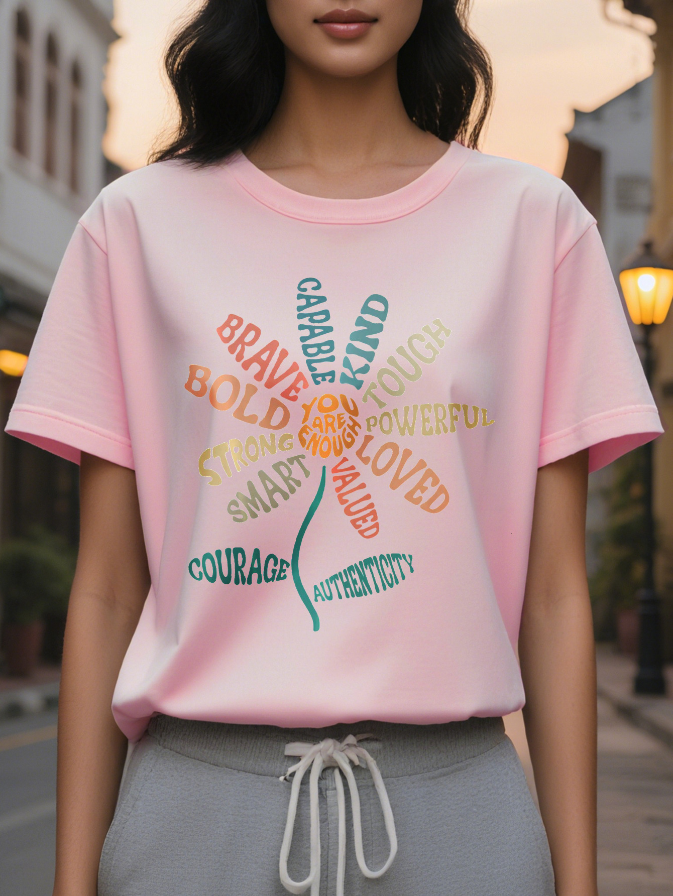 Women's Motivational Letter Printed T-Shirt Round Neck Short Sleeve Elastic Cotton Suitable for Spring