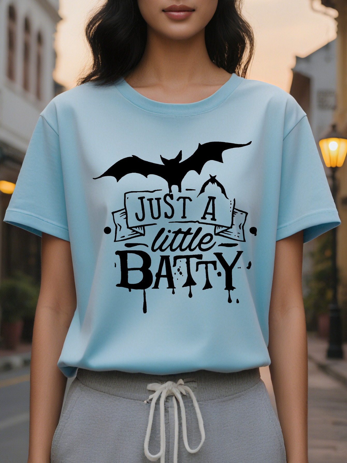 Women s Dark Gray Gothic Bat Graphic Tee JUST A LITTLE BATTY Vampire Saying Soft Everyday Halloween Party Shirt