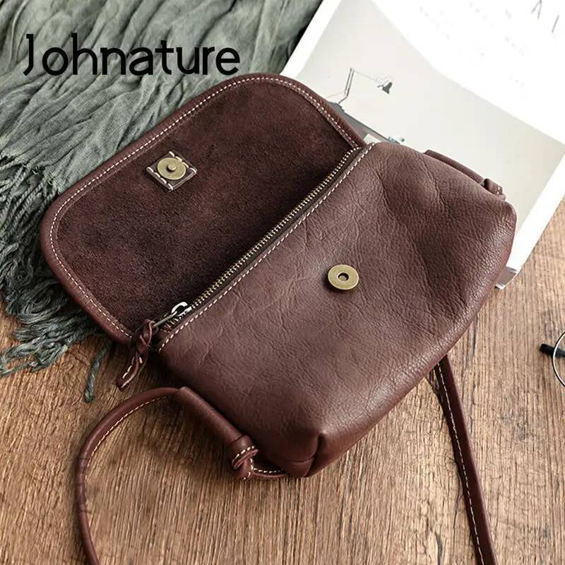 Johnature Handmade Retro Soft Cow Leather Women 2025 New Simple Solid Color Shoulder Bags Leisure Ladies Small Messenger Bag
