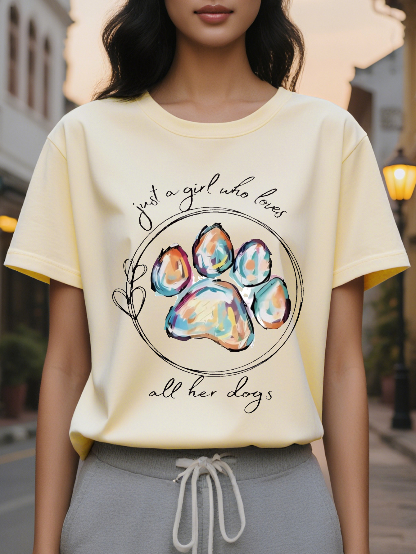 Women's Only Love Her Dog Pattern Short Sleeve T-shirt Cute Claw Printed Round Neck Top Breathable Summer Casual