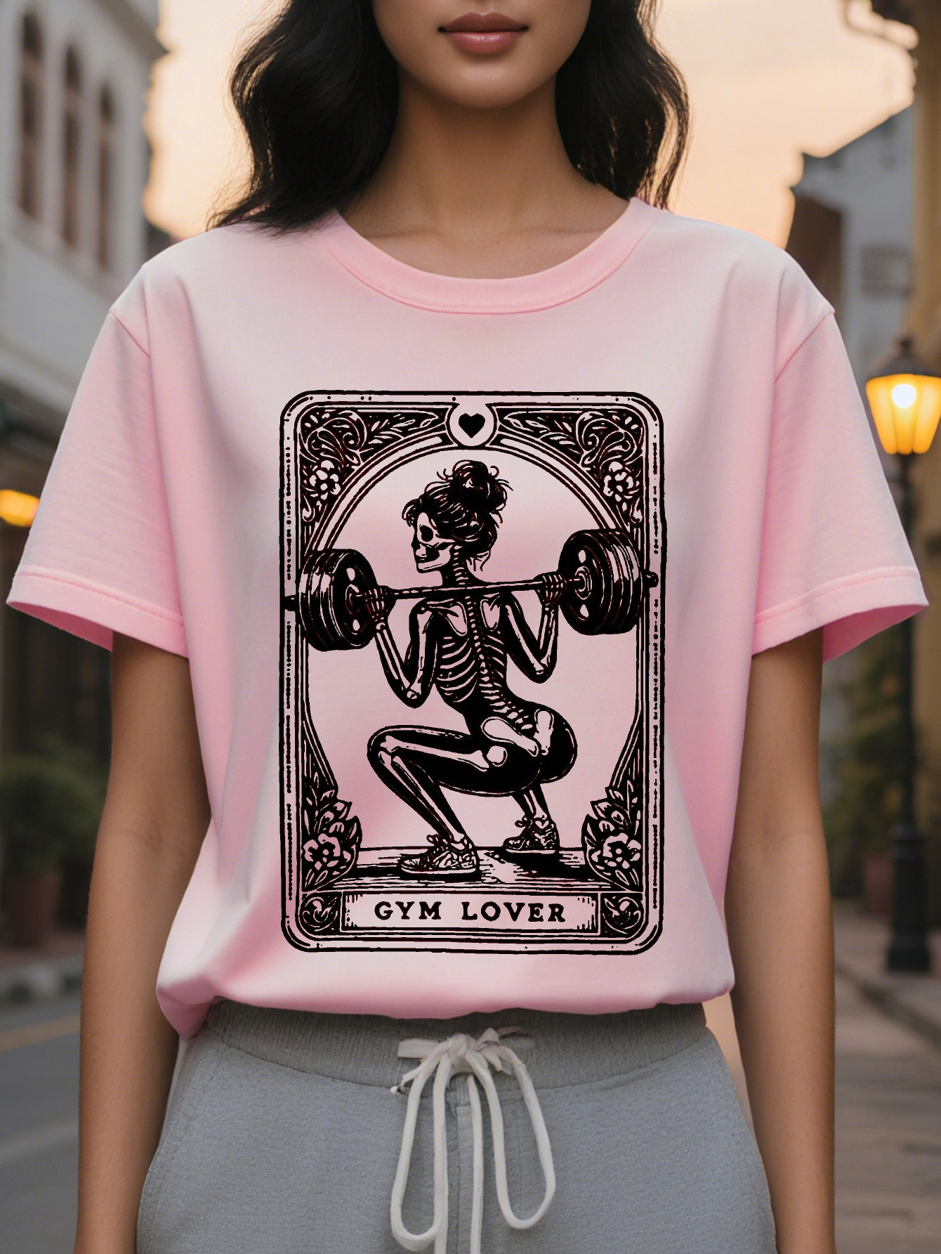 GYM LOVER ladies pattern T-shirt with skull weightlifting design in bright pink, casual loose fit suitable for gym daily wear