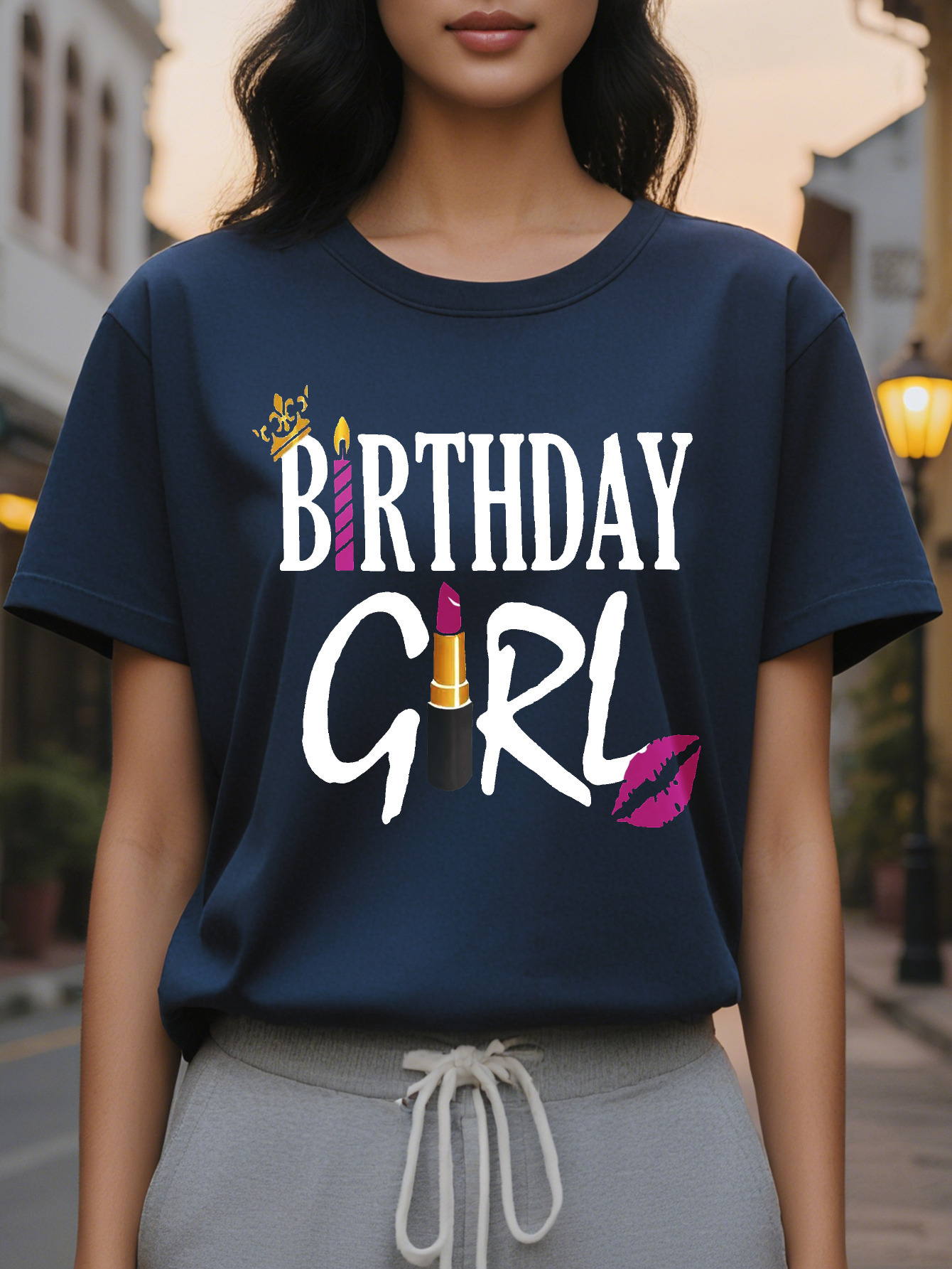 Large XL Birthday Girl Print T-Shirt Casual Short Sleeve Crew Neck Top Stylish All Season Women's Clothing Plus Size