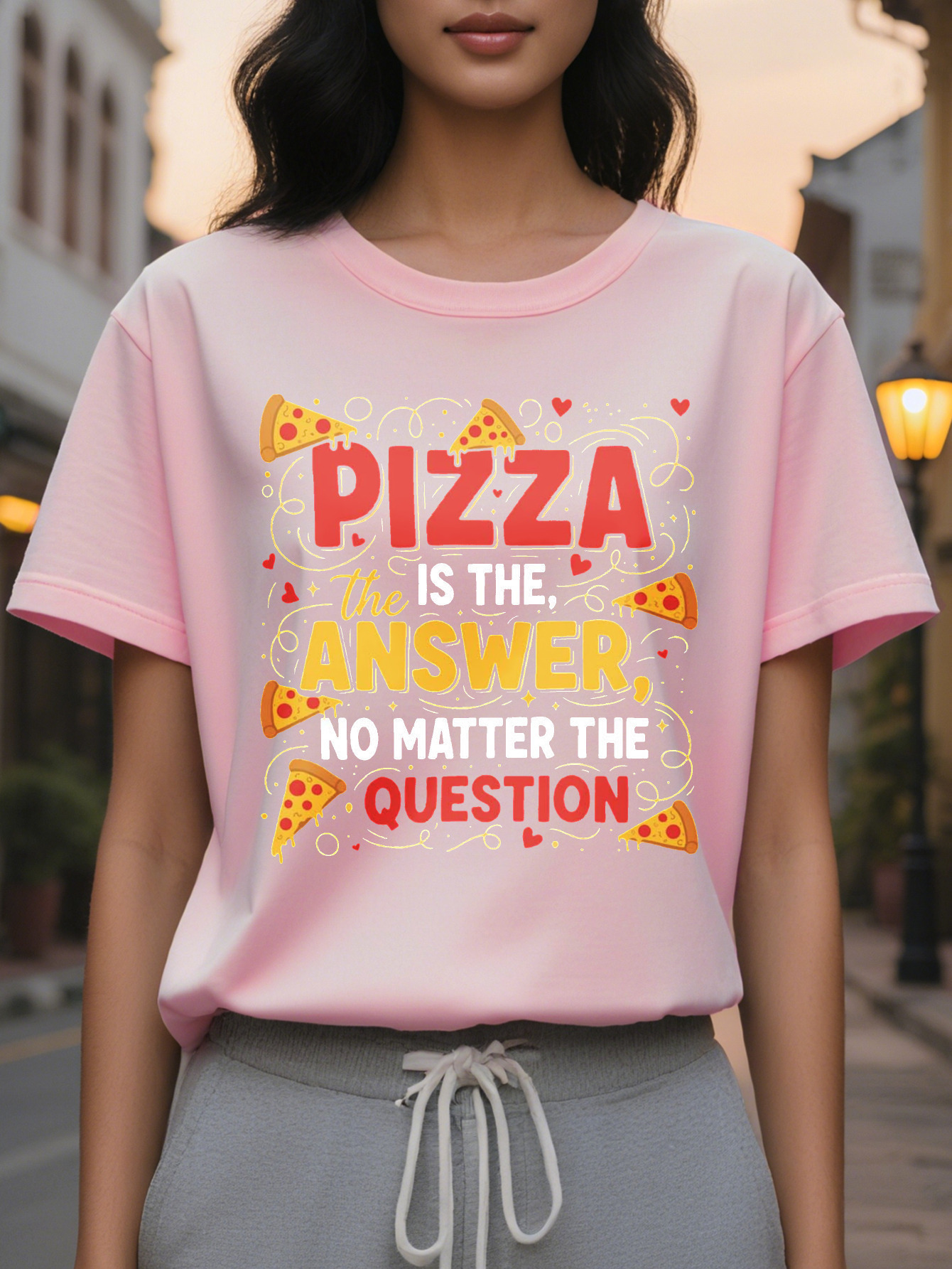 Women's Funny Lover Pattern is the Answer Bold Red and Yellow Letters Soft Everyday Casual T-Shirt Pizza